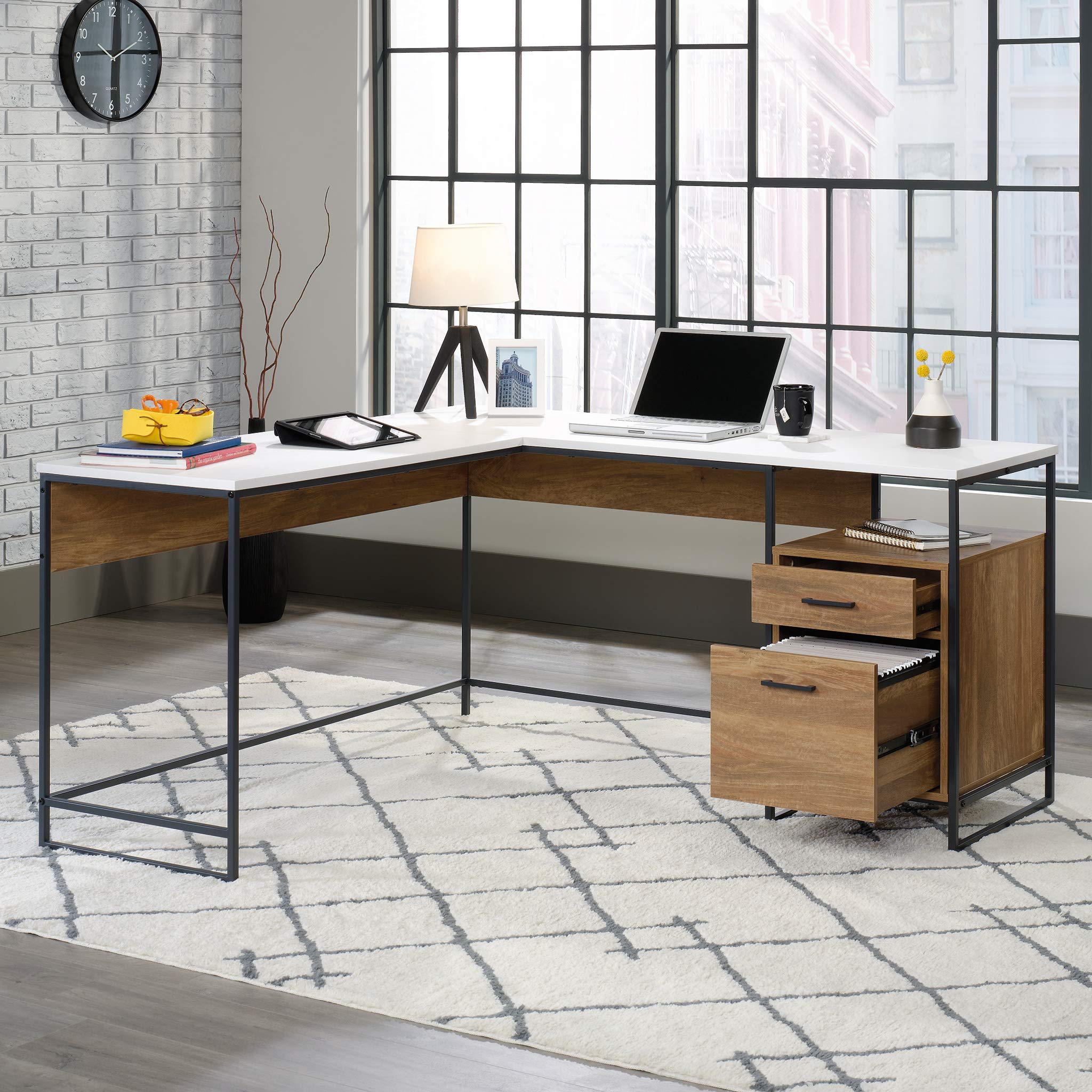 Sauder Tremont Row Modern L-Shaped Desk with Storage, Sindoori Mango Finish - Stylish Home Office Furniture for Small Spaces, Perfect for Remote Work & Study