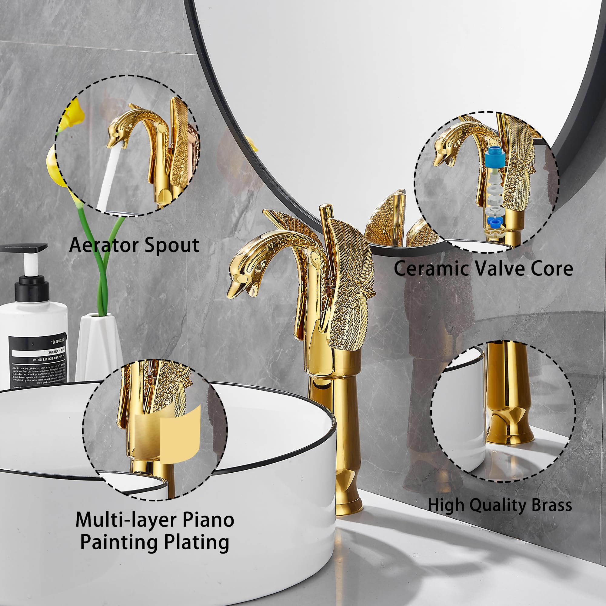GGStudy Gold Swan Shape Single Handle Deck Mount Bathroom Vessel Sink Faucet - Elegant One Hole Lavatory Faucet for Modern Vanity & Powder Room Decor