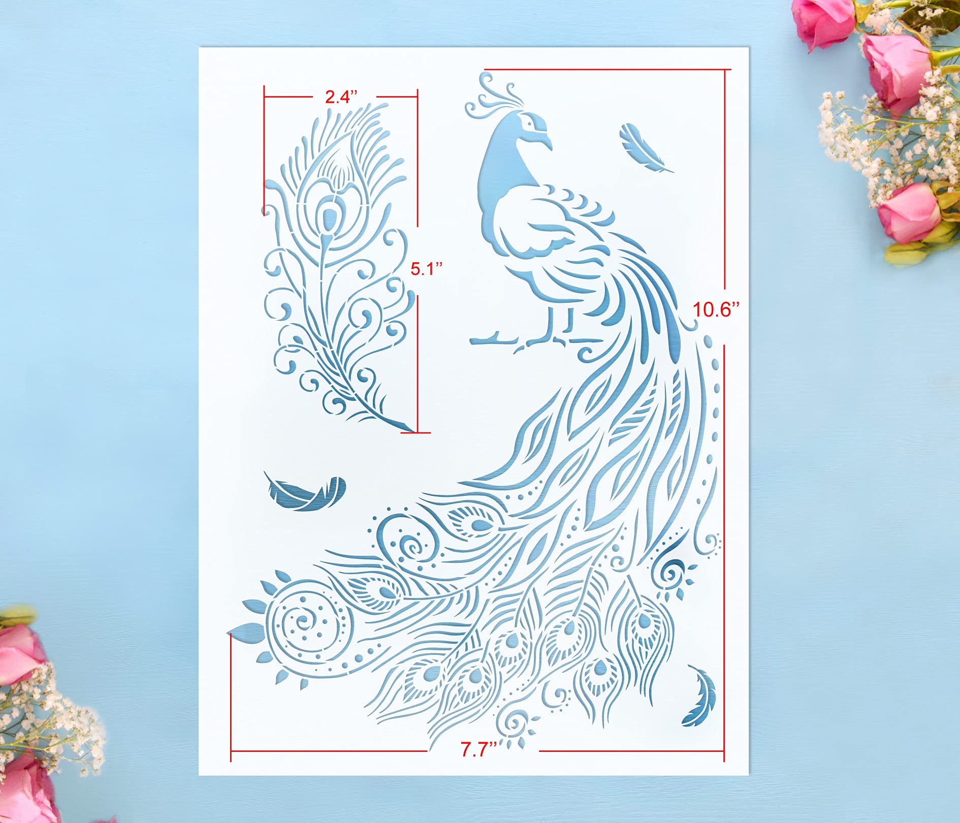 GSS Designs Peacock Stencil Template 8.3x11.7 Inch - Reusable Painting Stencils for Wood, Paper, Fabric, Walls - DIY Art Craft Feather Stencils for Scrapbooking, Home Decor & Wall Art Projects