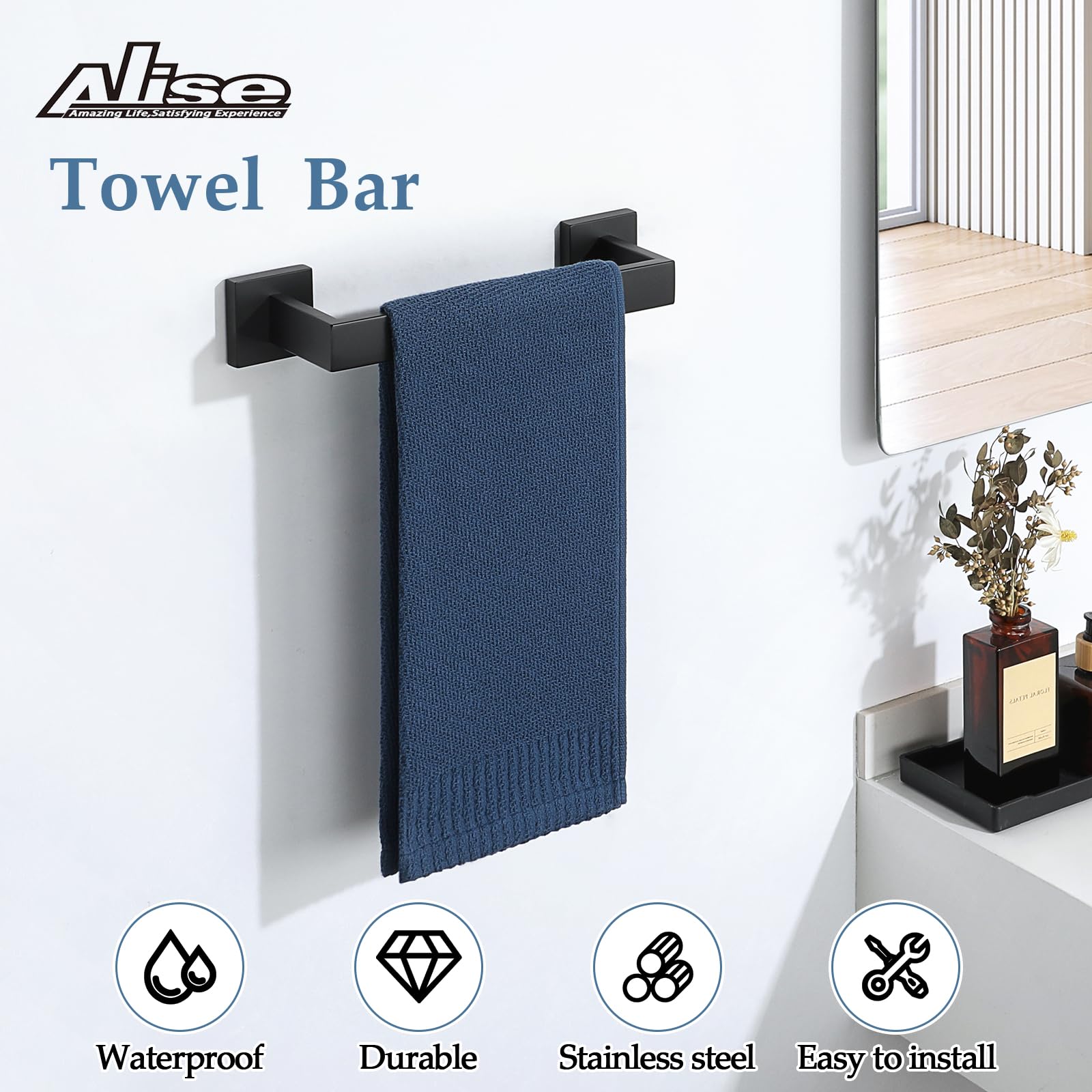 12 Inch Stainless Steel Towel Bar - Matte Black Bathroom Towel Holder for Hand & Face Towels - Wall Mounted SUS304 Towel Rack for Bathroom, Lavatory & Spa - Durable & Rustproof Shower Accessory