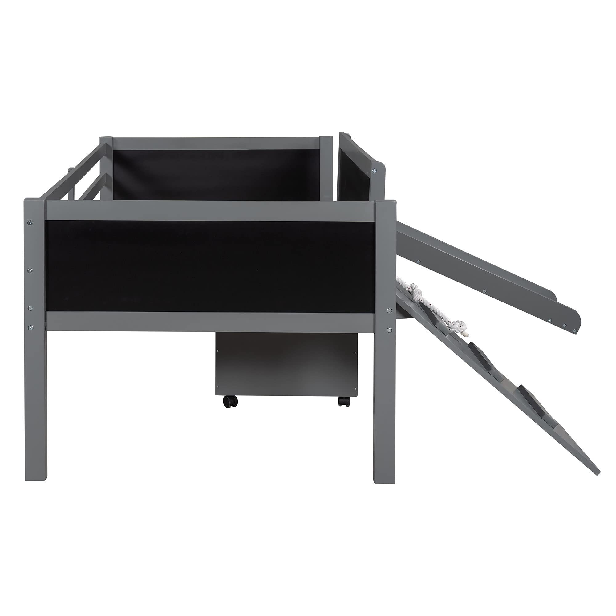 **Kids Twin Loft Bed with Slide & Climbing Frame - Wooden Low Loft Bed with Storage Boxes & Chalkboard - Multi-Functional Open Design for Toddlers & Children (Gray) - Perfect for Small Bedrooms, Playrooms & Shared Kids' Spaces**