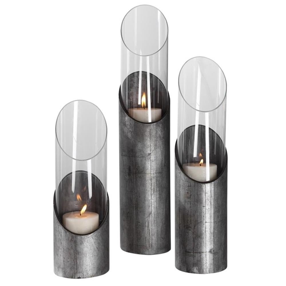 Bowery Hill Raw Iron & Glass Candle Holder Set of 3 - Rustic Home Decor for Dining Table, Wedding Centerpiece, and Farmhouse Decor