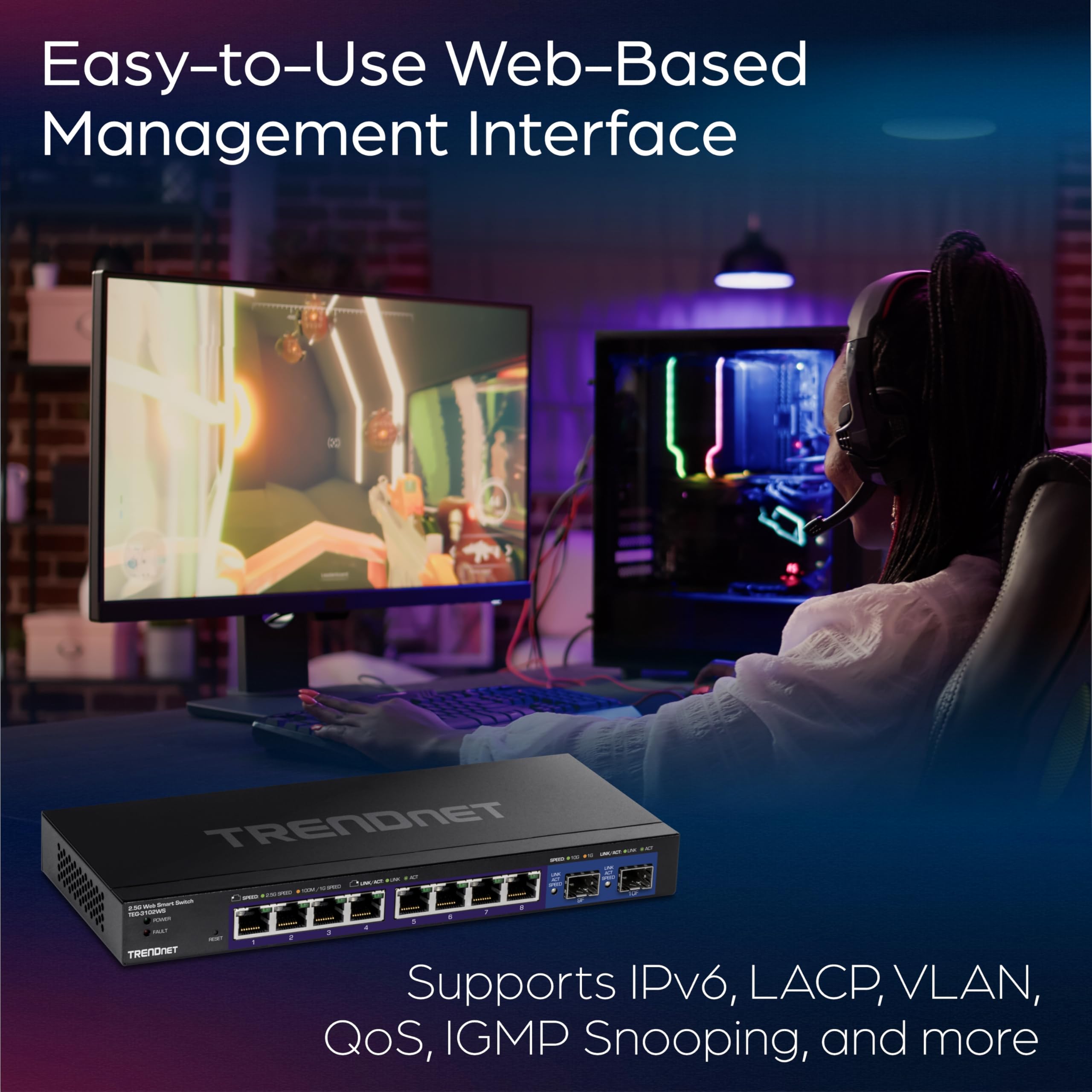 TRENDnet TEG-3102WS 10-Port Multi-Gig Web Smart Switch with 8 x 2.5G Ethernet Ports & 2 x 10G SFP+ Slots - Metal Housing Managed Network Switch for Home Office & Business - Lifetime Warranty (Black) - Ideal for High-Speed Networking, Data Centers & Smart Home Setups