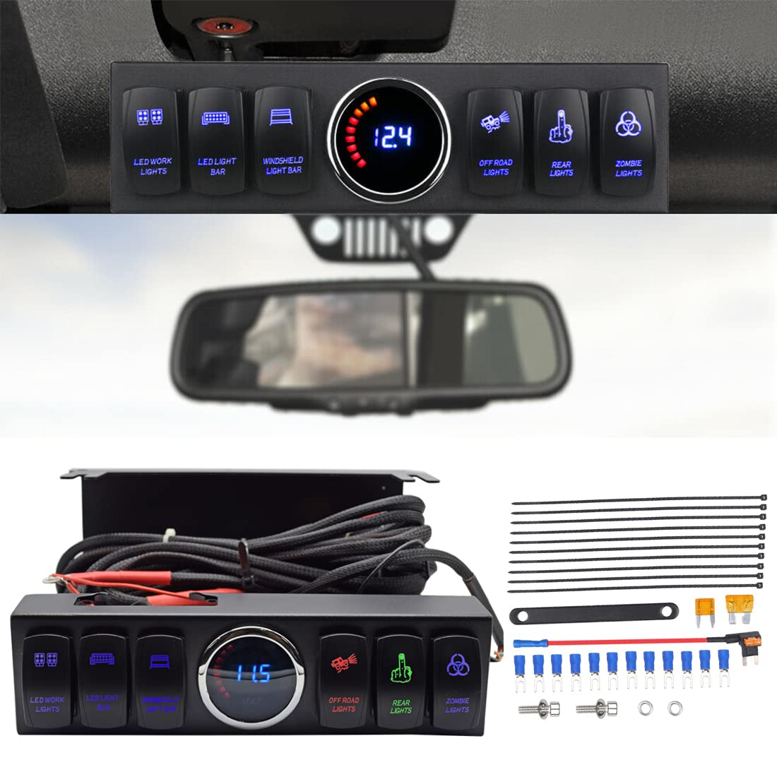 6 Toggle Switch Panel with Digital Voltmeter & Relay Box - KMFCDAE Rocker Switch Control System Compatible with Jeep Wrangler JK/JKU (2007-2018) - Perfect for Off-Road Adventures, Car Modifications & Electrical System Upgrades