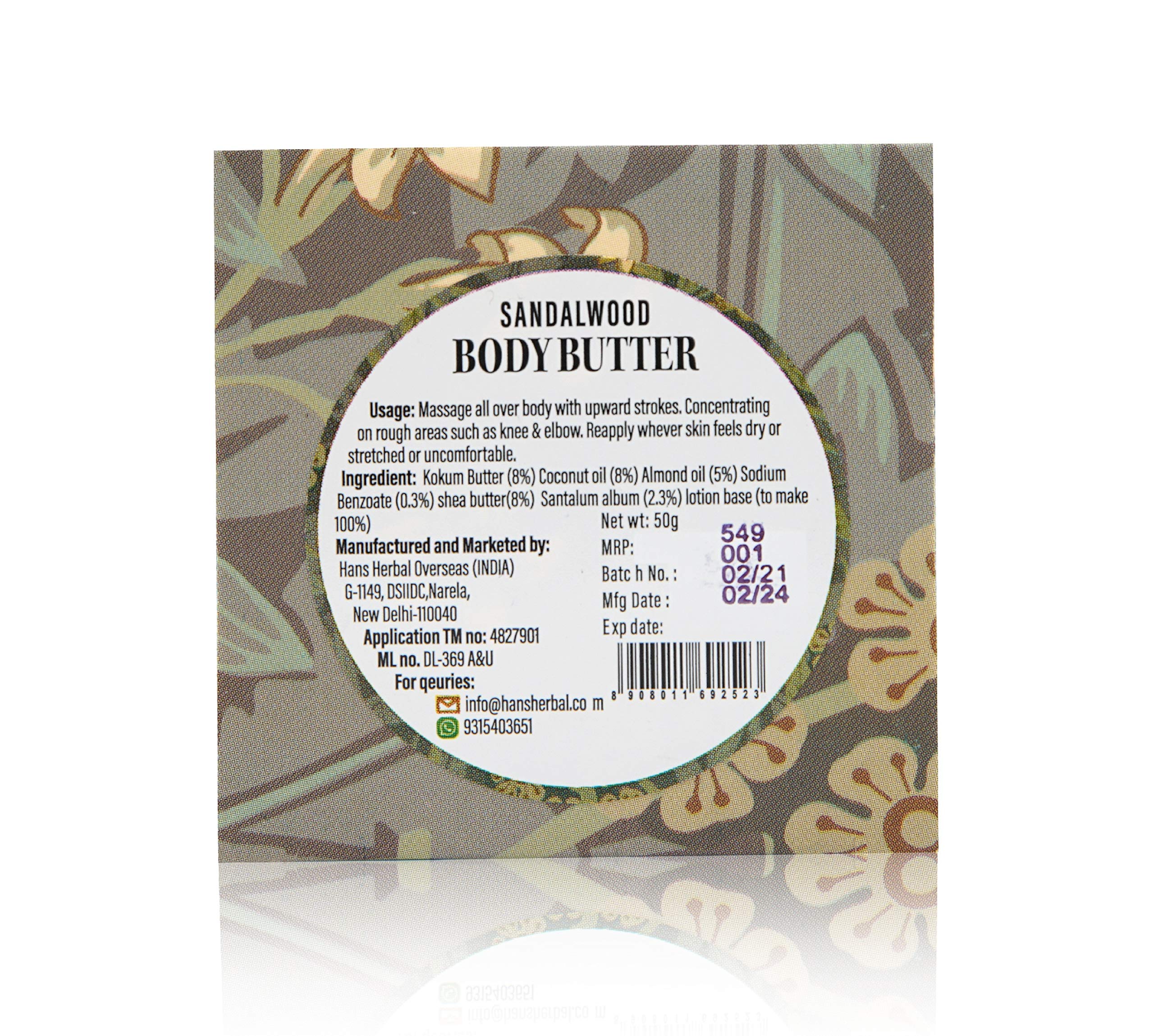 Oleosa Sandalwood Body Butter - 50gm Natural Moisturizing Cream for Dry Skin - Perfect for Spa, Massage & Daily Hydration