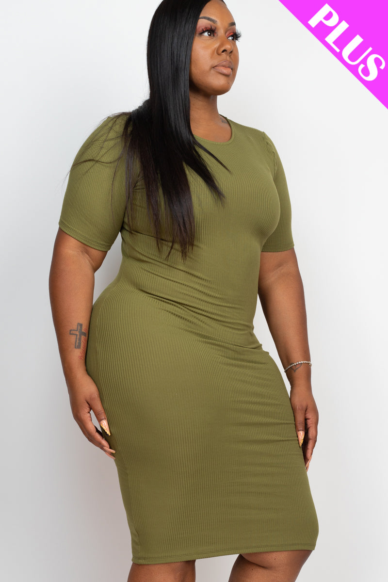 Plus Size Ribbed Short Sleeve Bodycon Midi Dress - CAPELLA | Flattering Curve-Hugging Fit for Women | Perfect for Date Night, Cocktail Parties & Summer Outings