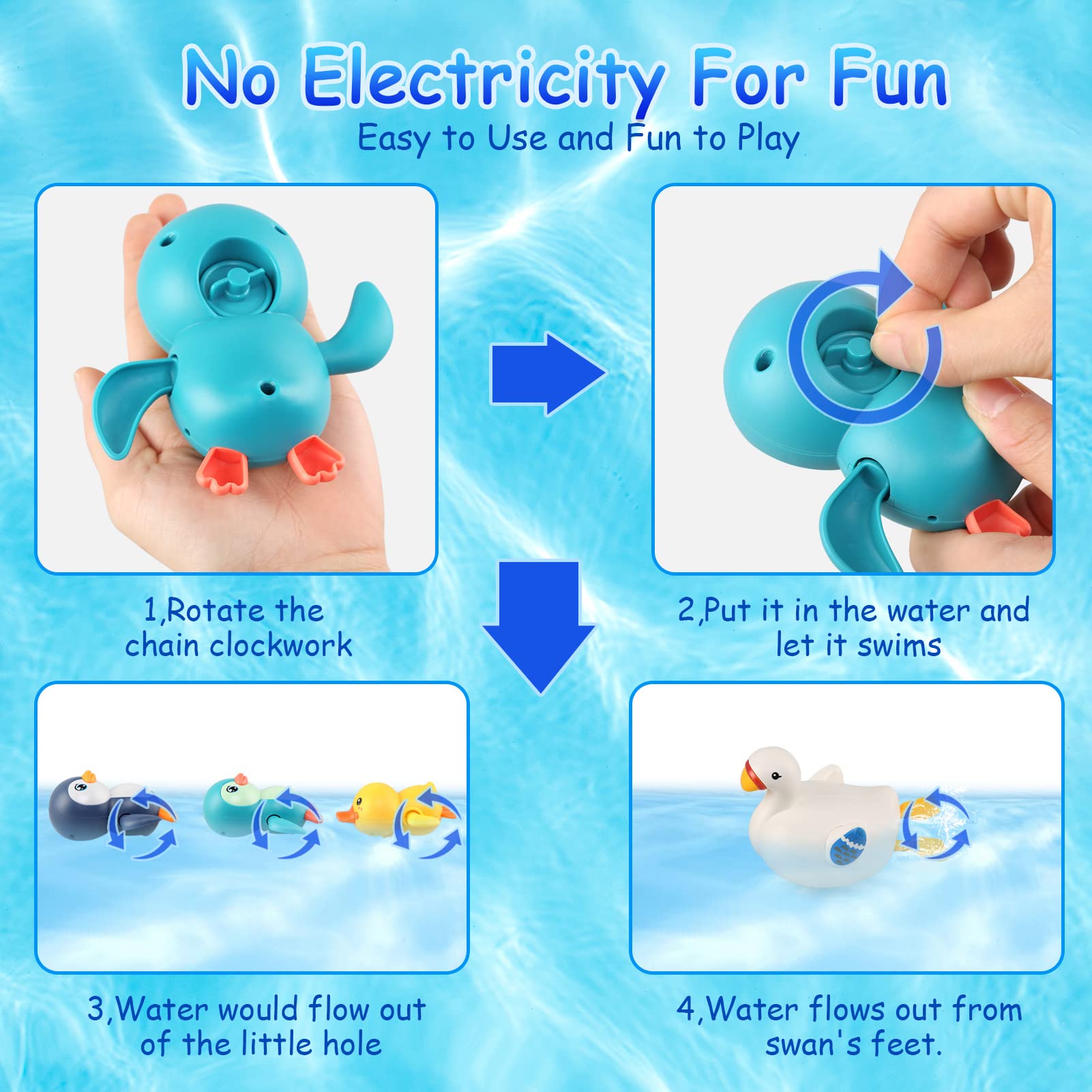 BelleStyle Wind Up Bath Toys for Kids - 4-Piece Floating Duck, Penguin, Swan & Clockwork Water Toys Set | Fun Bathtub, Pool & Swimming Play for Toddlers, Boys & Girls
