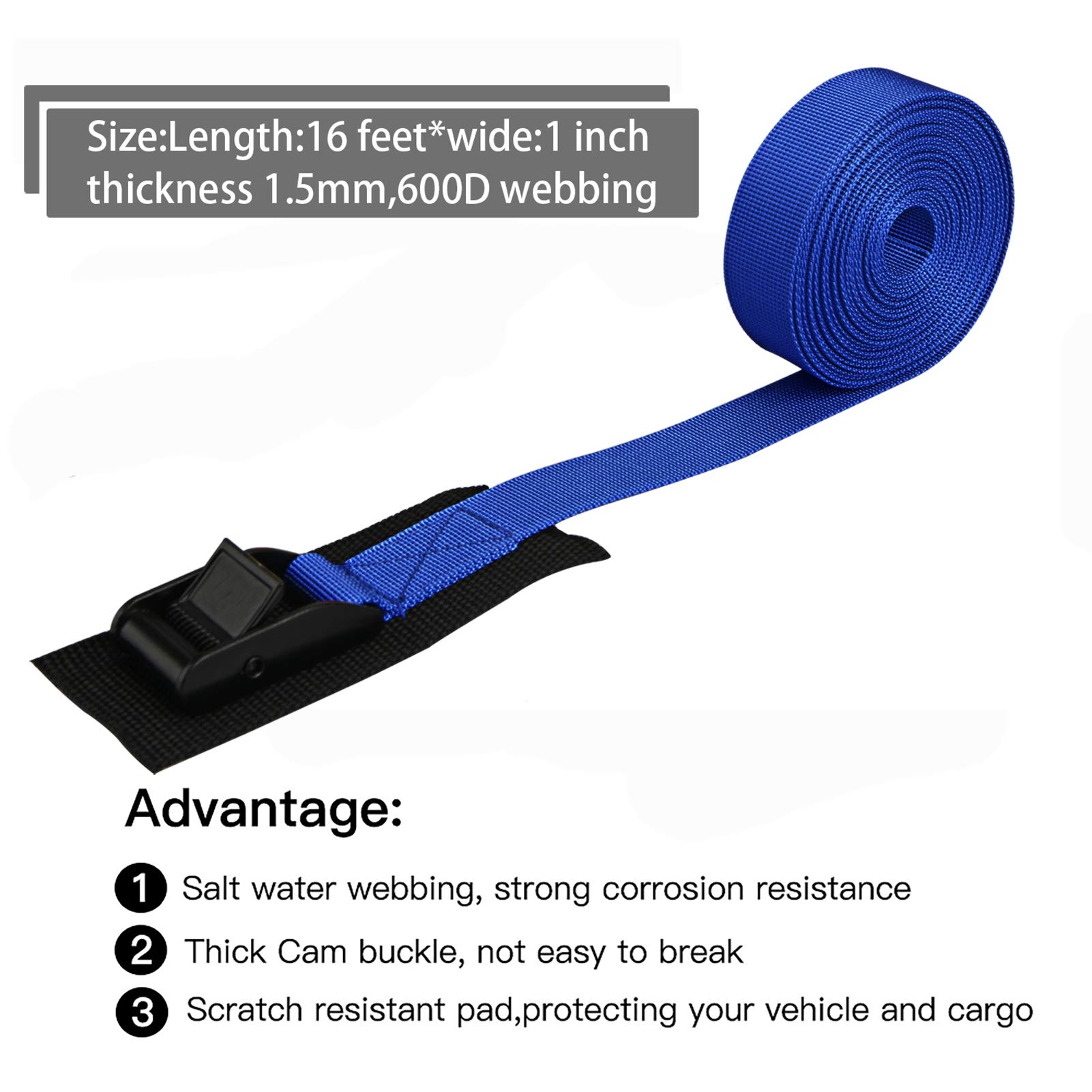 Heavy Duty 2-Pack Adjustable Ratchet Tie Down Straps with Cam Buckle - 16FT Cargo Straps for Trucks, Trailers, Motorcycles & Luggage - Secure Transport for Moving, Camping & Road Trips (Blue)