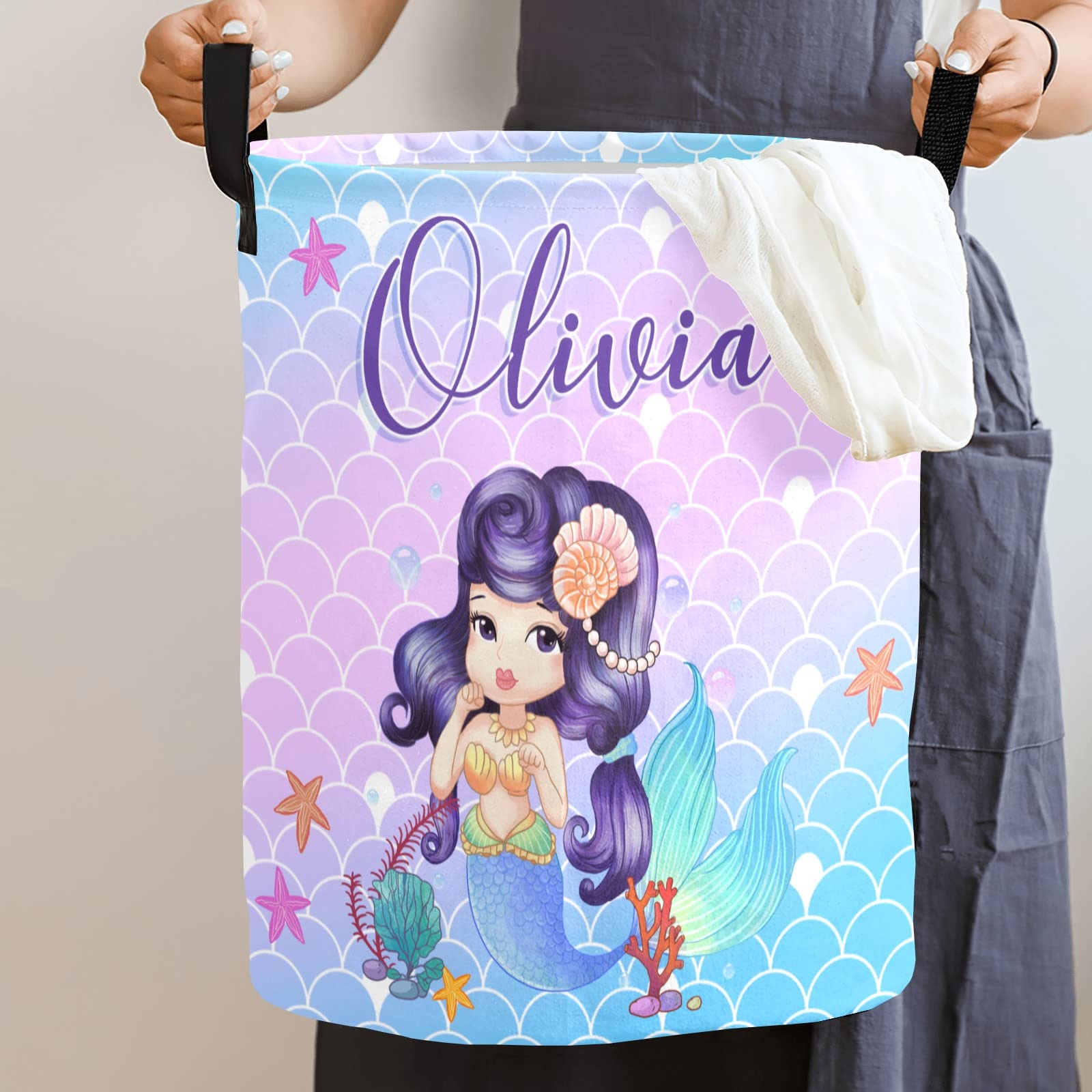 Custom Personalized Mermaid Laundry Basket for Girls with Name - Kids Baby Laundry Hamper Organizer (Style 05) - Perfect for Bedroom, Nursery, and Playroom Storage