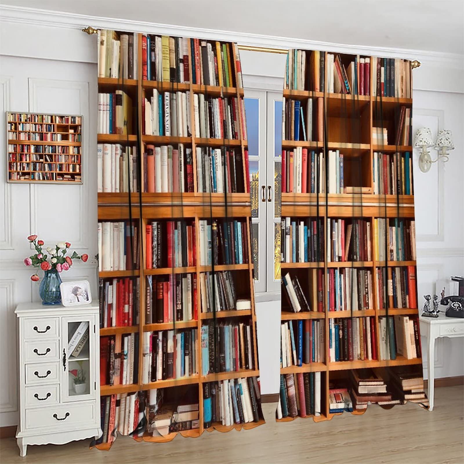 Brown Bookcase Print Curtains Set of 2 Panels - Literature Themed Window Drapes with Bookshelf Design for Living Room, Bedroom, Kitchen (52x84 Inches) | Perfect for Home Library Decor & Reading Nook Ambiance