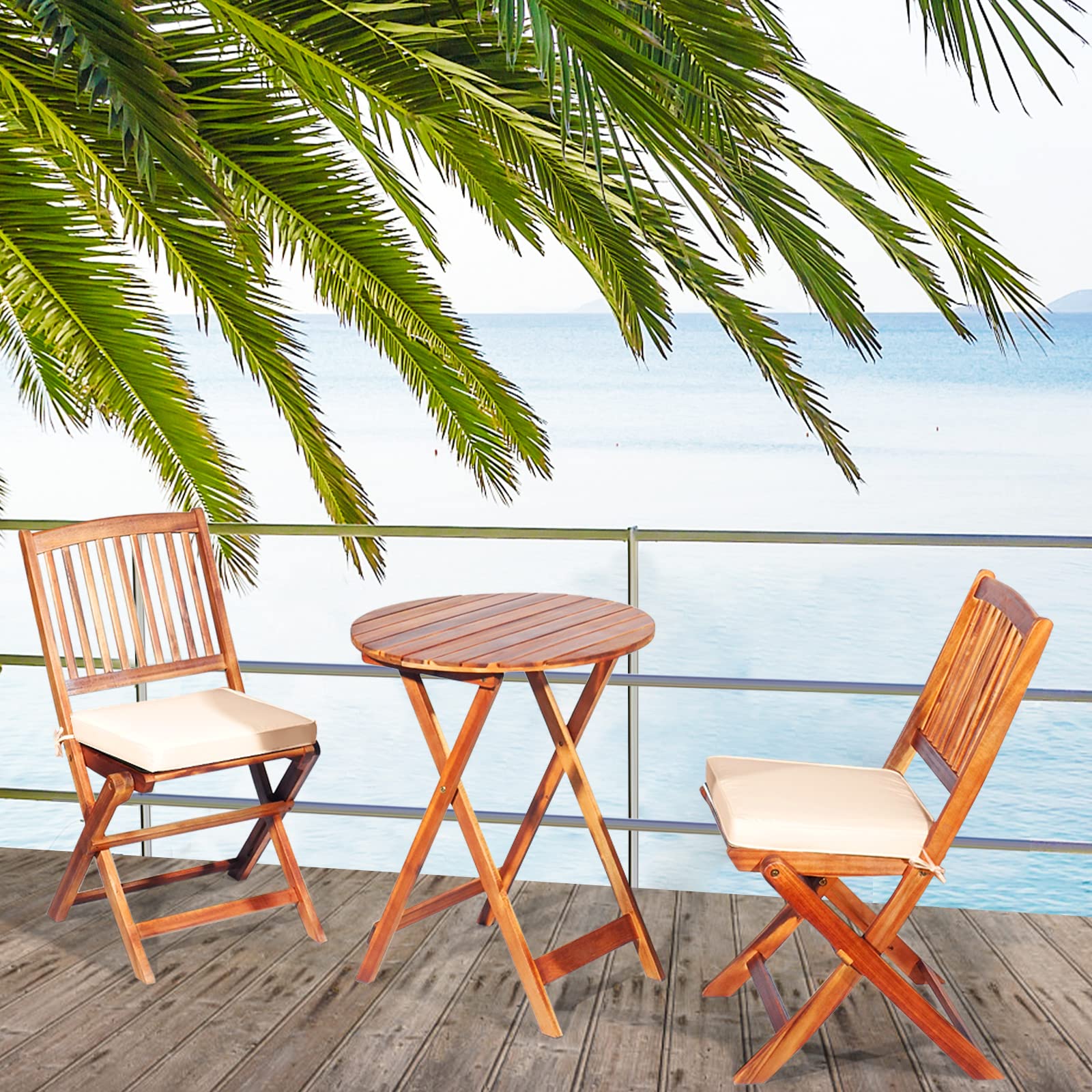 KOMFOTTEU Foldable Bistro Set, 40kg Capacity Table & 160kg Capacity Chairs with Cushions, Outdoor Garden Patio Furniture Set for Balcony, Terrace or Backyard (Beige Cushions) - Perfect for Small Spaces, Coffee Breaks & Relaxing Outdoors