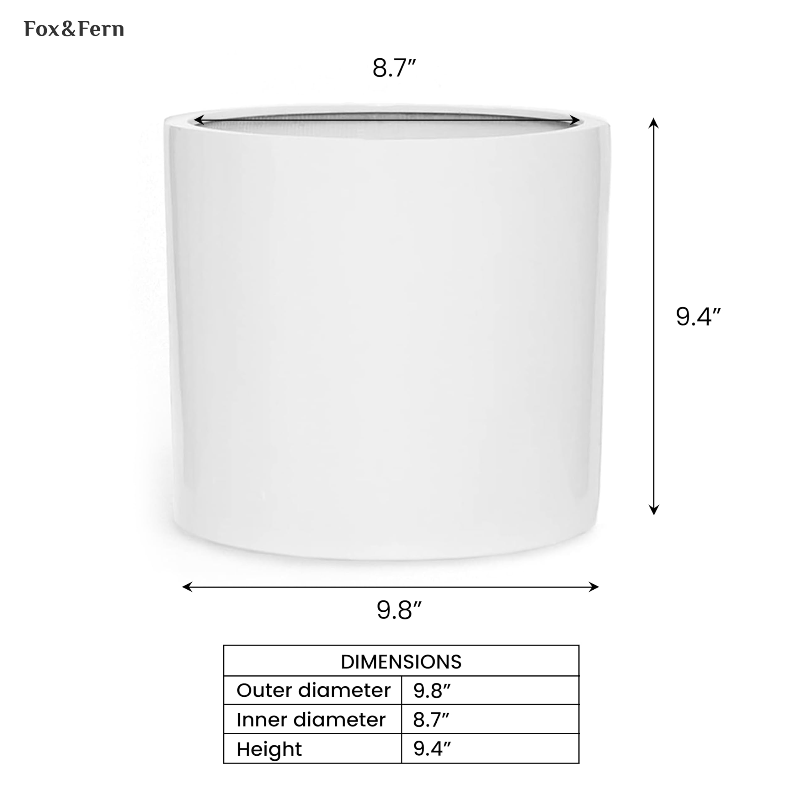 Fox & Fern 10 Inch Plant Pot with Drainage Hole — Premium Lightweight Fiberstone Glossy White Planter for Indoor & Outdoor Plants | Weatherproof & UV Resistant Flower Pot | Perfect for Home Decor, Garden, Patio, and Office Plants