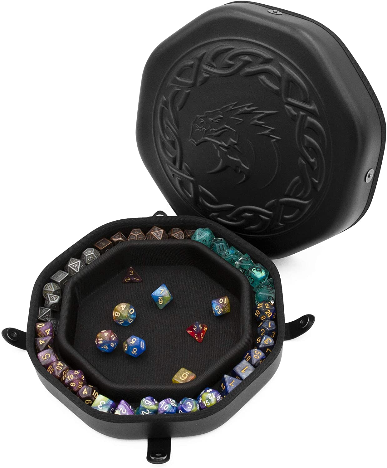 CASEMATIX Dice Tray and Storage Case - Holds 115 RPG Dice with Magnetic Snaps, Embossed Dragon Design & Non-Scratch Interior - Perfect for D&D, Pathfinder and Tabletop Gaming