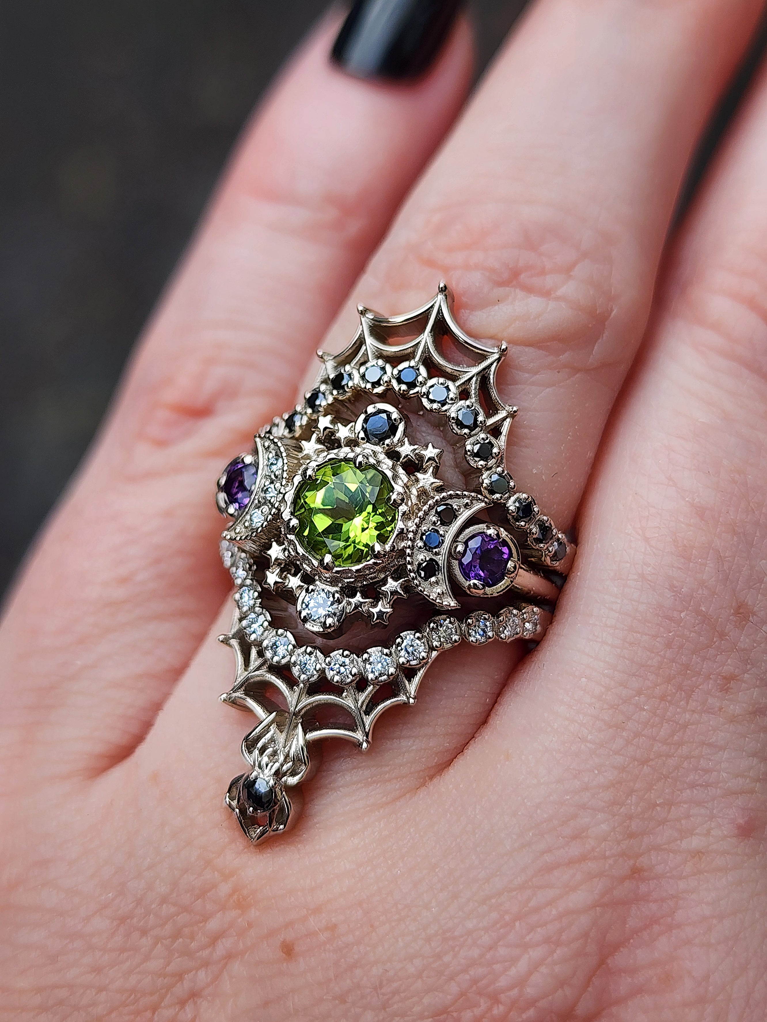 Peridot & Amethyst Spider Web Wedding Ring Set in 14k Palladium White Gold with Black & White Diamonds - Gothic Engagement Ring for Alternative Weddings, Dark Romance & Unique Jewelry Collections