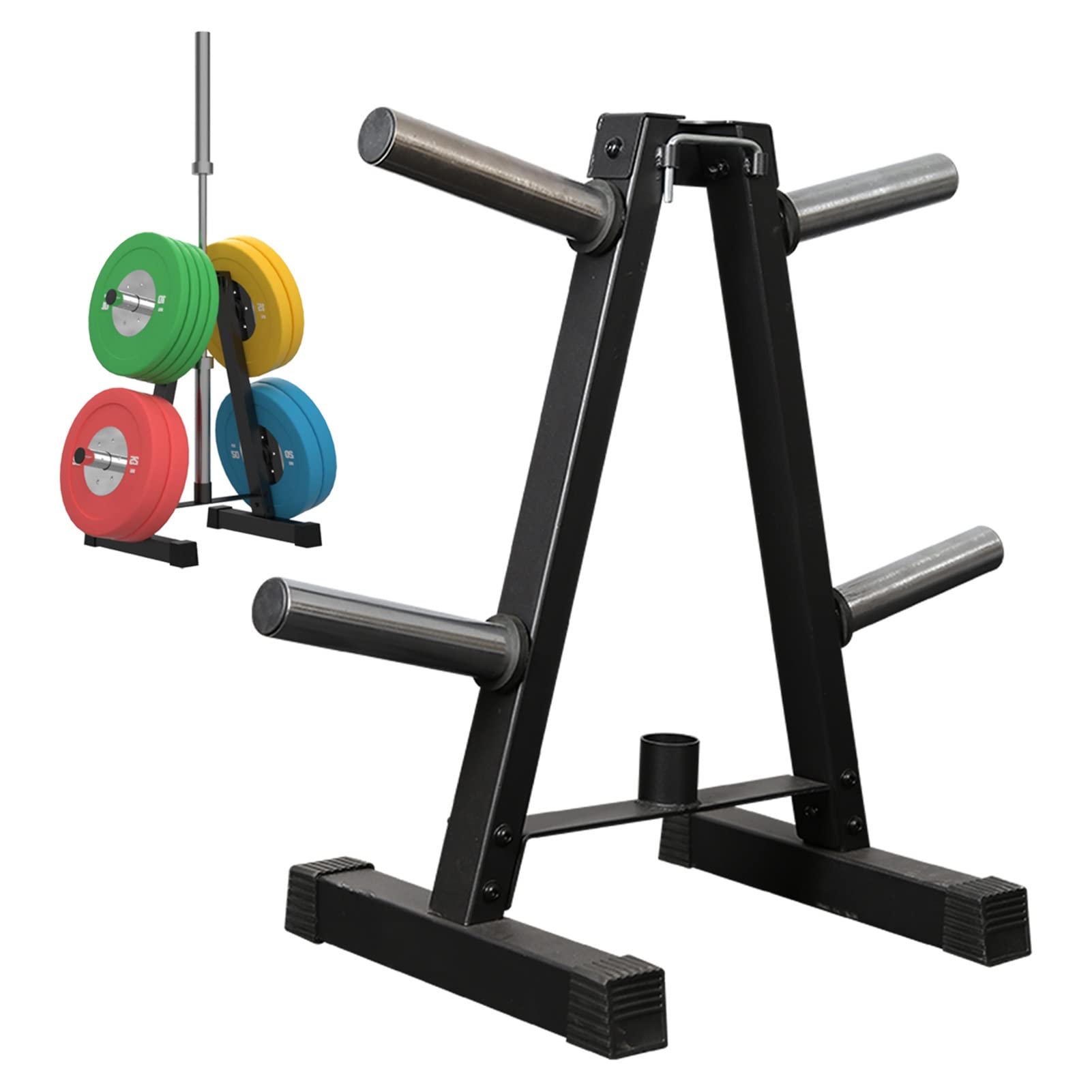 LVLONG Small Olympic Weight Plate Rack - Heavy Duty Barbell Weight Holder Tree with Protective Caps for Commercial & Home Gym Storage | Perfect for Weightlifting, CrossFit, and Strength Training Workouts