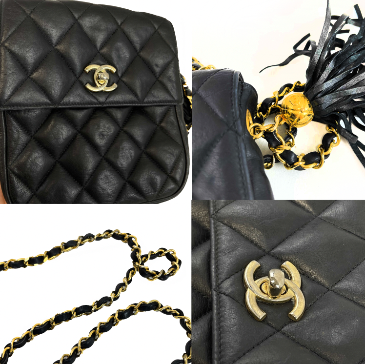 Chanel Vintage Small Square Flap Leather Crossbody Bag with Gold CC Logo & Tassel - Black Luxury Shoulder Purse for Women | Perfect for Evening Parties, Date Nights & Special Occasions