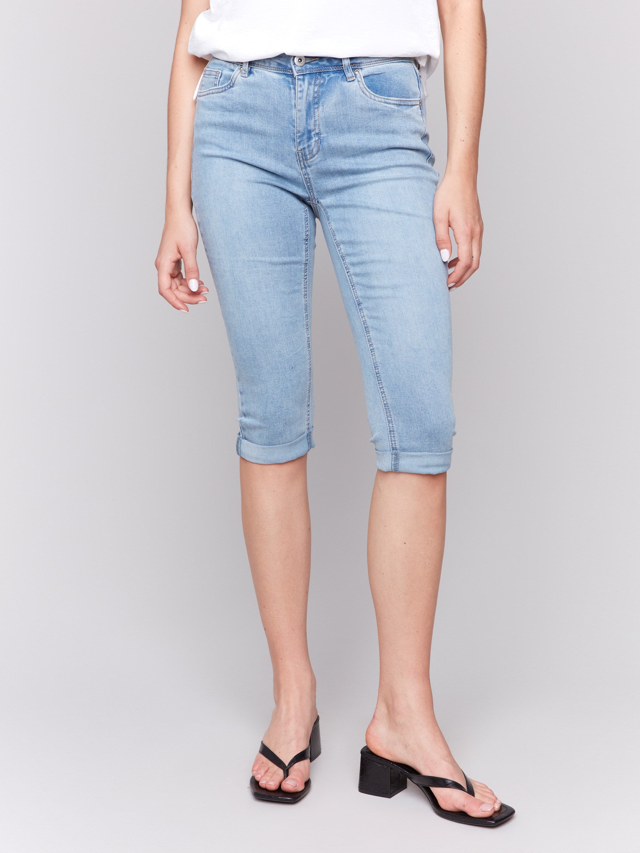 Stretch Denim Pedal Pushers for Women - Light Blue Wash | Comfortable Slim Fit Capri Pants | Perfect for Casual Outings, Summer Wear & Bicycle Riding
