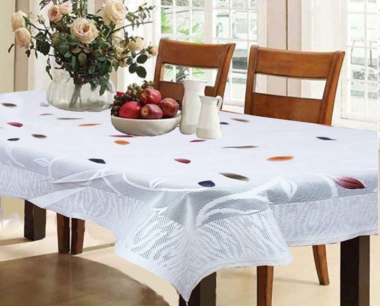 Premium 6-Seater Kuber Industries Dining Table Cover - Leaf Design Cotton Tablecloth for Home & Restaurant Use - Washable White Table Cover for Everyday Dining & Special Occasions
