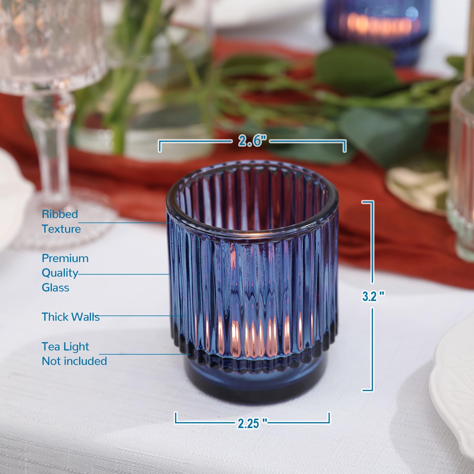 8-Piece Blue Glass Votive Candle Holders Set - Ribbed Tealight Holders for Wedding Centerpieces & Table Decorations, Navy Blue Party Decor, Perfect for Weddings, Dinner Parties, and Romantic Home Ambiance