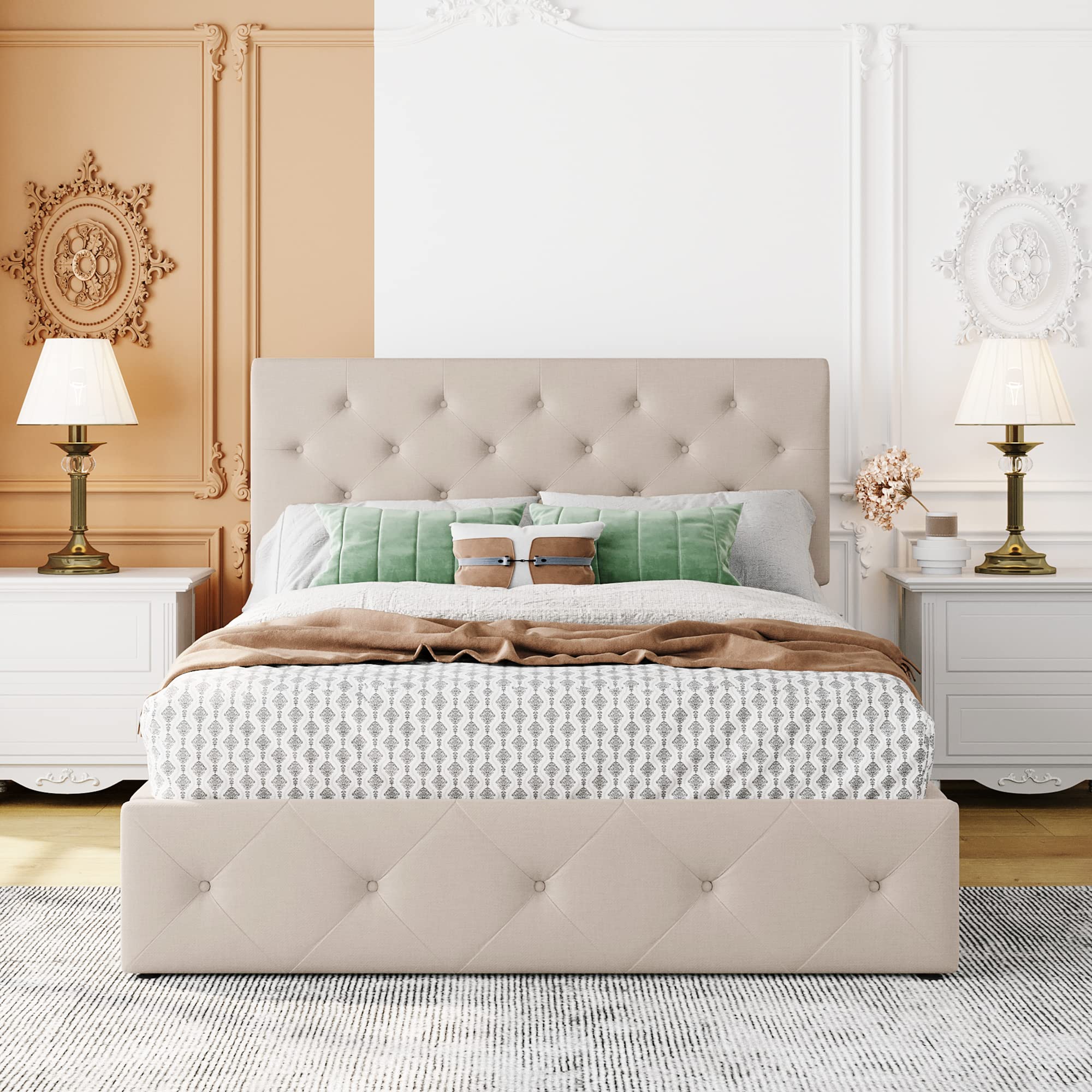 Danxee Full Upholstered Platform Bed Frame with Hydraulic Storage System - Modern Heavy Duty Bed with Wood Slat Support, No Box Spring Required (Beige) | Perfect for Small Bedrooms, Guest Rooms & Space-Saving Storage Solutions