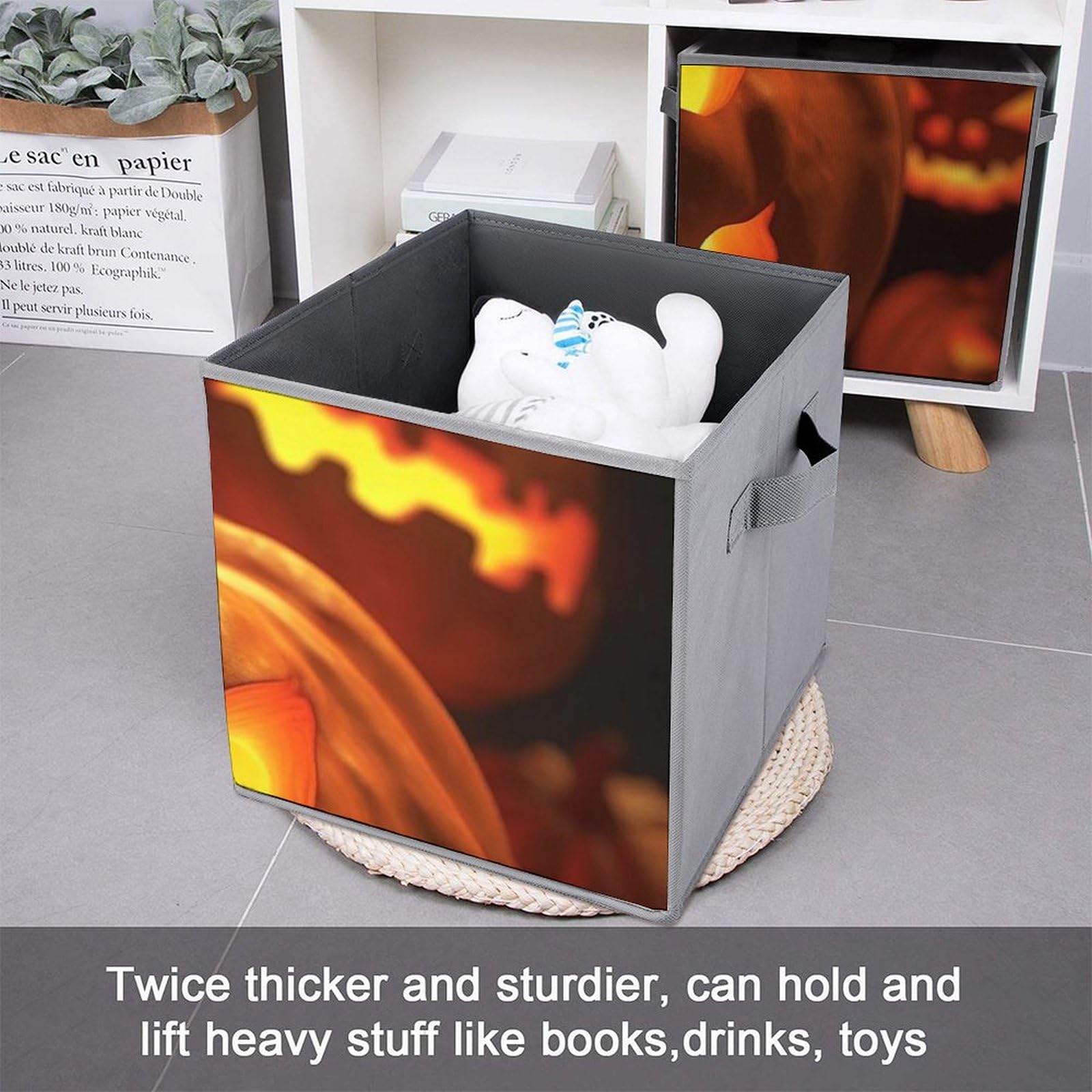 6 Pack Scary Pumpkin Lantern Collapsible Storage Baskets with Handles - Large Foldable Storage Cubes for Closet Organization, Clothing Storage Boxes - Perfect for Halloween Decor & Home Organization