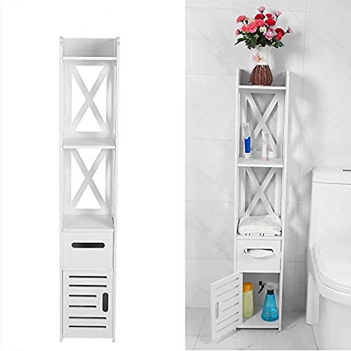 POCREATION White Bathroom Storage Cabinet - Waterproof Wood Plastic Board Toilet Tissue Organizer with Shelf for Bathroom, Toilet & Laundry Room - Space Saving Organizer for Towels, Soap & Toiletries