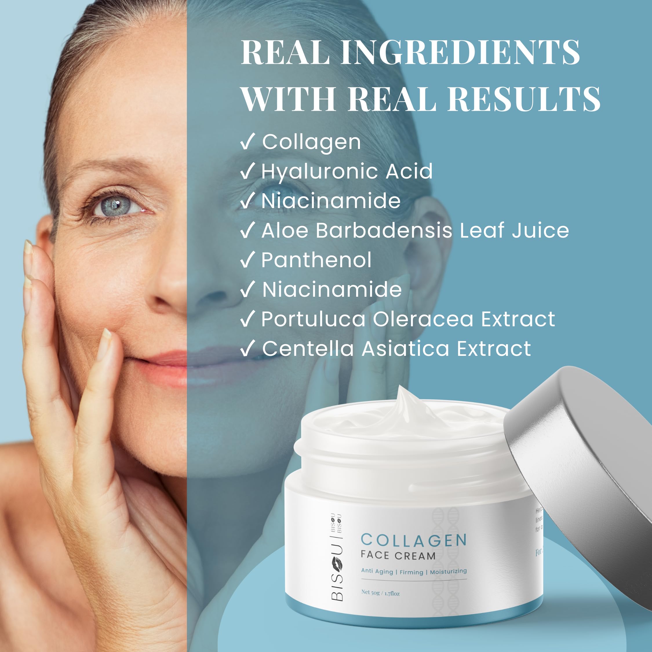 Bisou Skincare Collagen Face & Neck Cream - Anti-Aging Day & Night Moisturizer with Hyaluronic Acid & Vitamin E - Reduces Fine Lines, Wrinkles & Dark Spots - Hydrating Cream for Smooth, Plump Skin (1.7 fl oz) - Perfect for Daily Skincare Routine & Travel Size