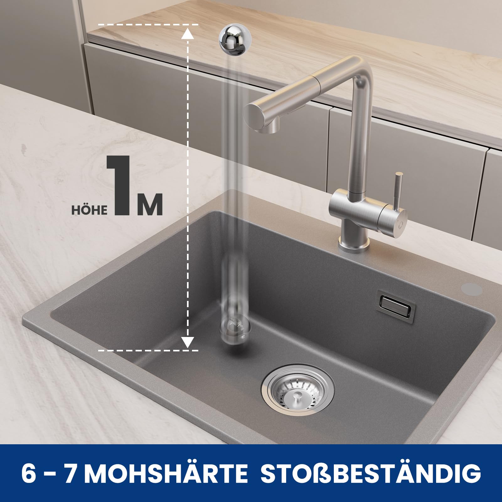 CECIPA 55 x 45 cm Grey Granite Composite Kitchen Sink - 80% Sand Quartz, Single Bowl Undermount Sink with Overflow Drain & Siphon | Perfect for Modern Kitchens, Small Spaces & Easy Cleaning