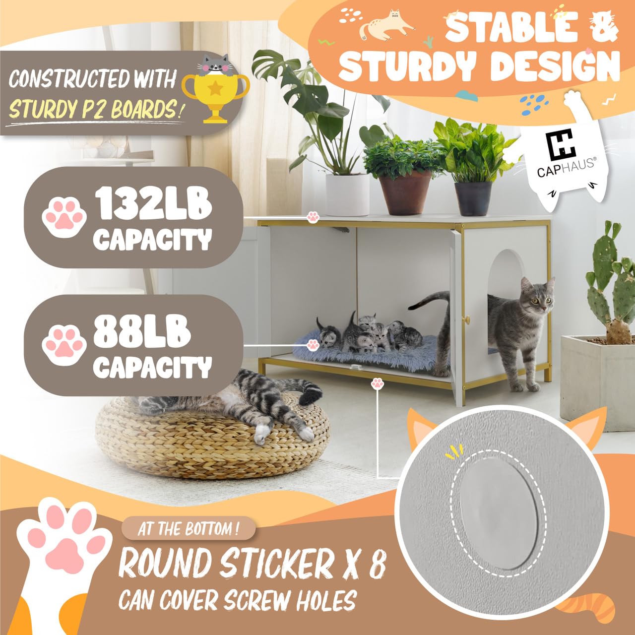 CAPHAUS White Wooden Cat Litter Box Furniture with Divider - Hidden Flip-Top Enclosed Washroom for Large Cats - Indoor Cat House with Double Doors & Metal Frame - Perfect for Small Spaces & Home Decor