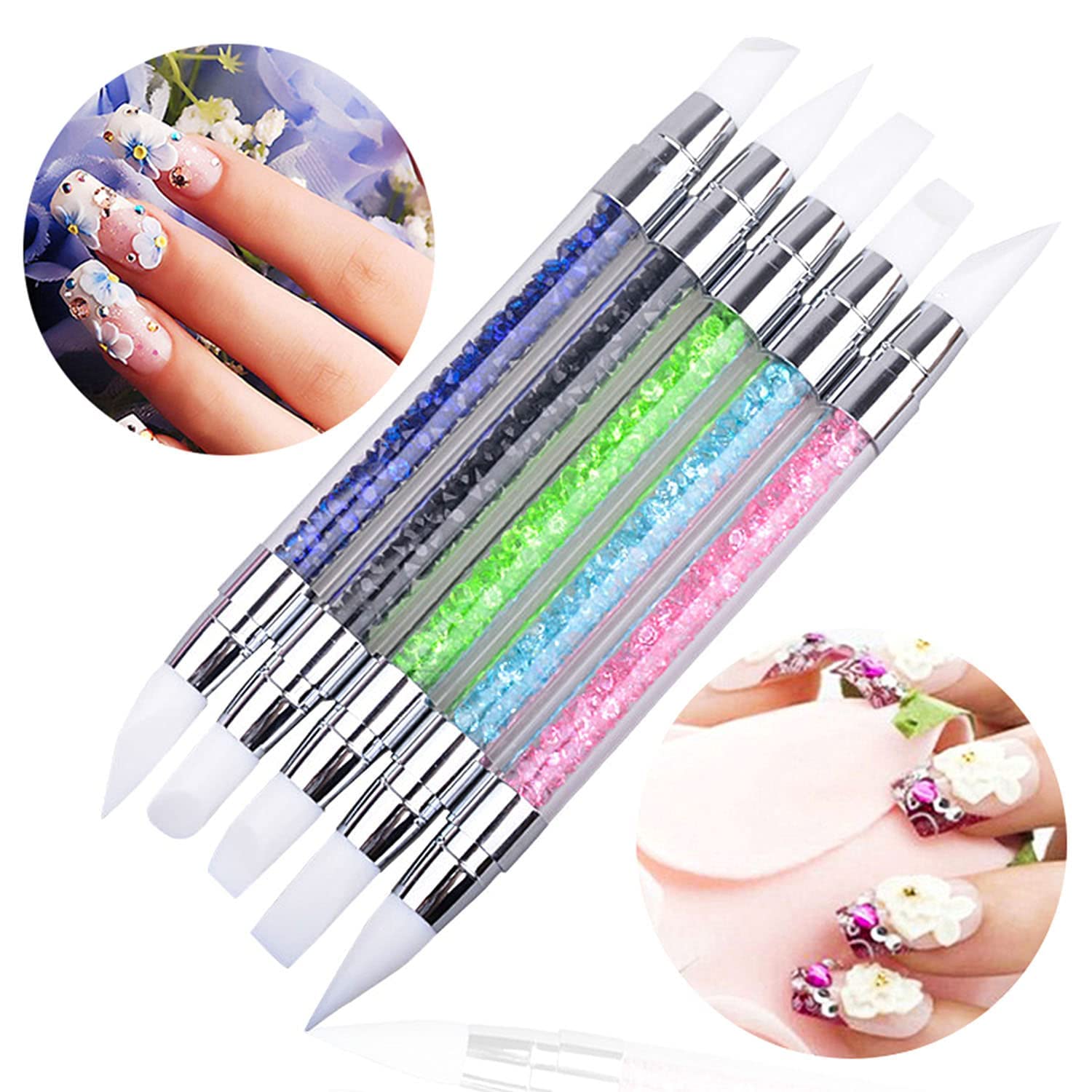 Gleevia 5-Piece Dual-Tip Silicone Rhinestone Nail Art Pen Set - Acrylic Handle & Rubber Tip Nail Brushes for Gel Polish, Dotting, Carving - Professional Nail Art Tools for Women | Perfect for Salon, Home Manicures & DIY Nail Designs
