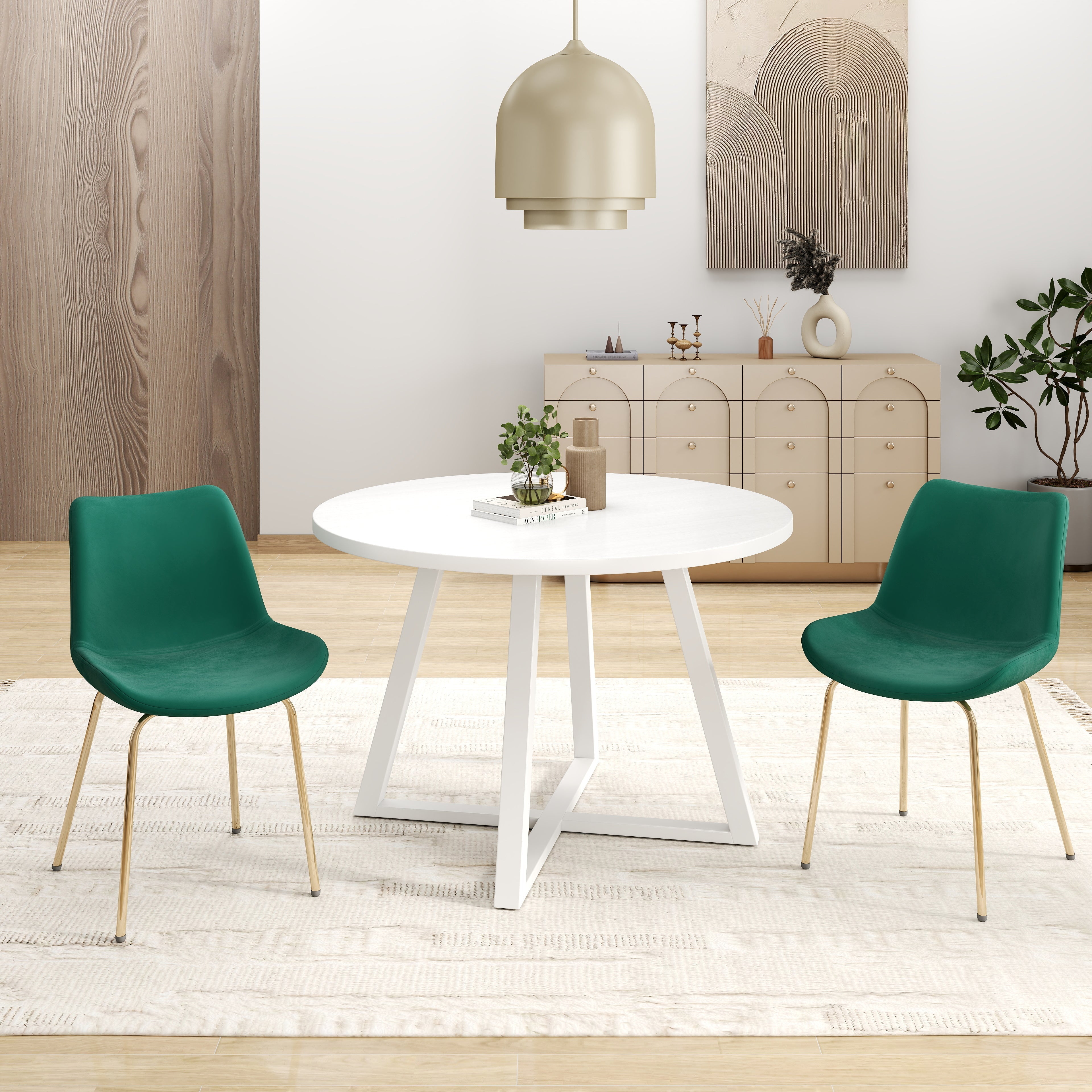 Roundhill Furniture Avant Round Dining Set - 3 Piece Trestle Table with 2 Side Chairs for Kitchen, Breakfast Nook & Small Space Dining | Modern Round Dining Room Furniture