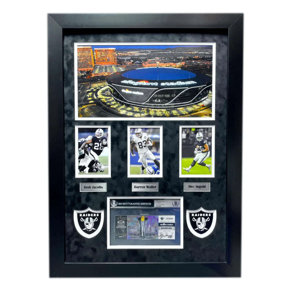 Authentic Las Vegas Raiders 1st Year Ticket Collage - Signed by Darren Waller, Josh Jacobs & Alec Ingold - Framed Memorabilia with BAS COA - Perfect for Raiders Fans, Man Cave Decor & Sports Collectibles Display