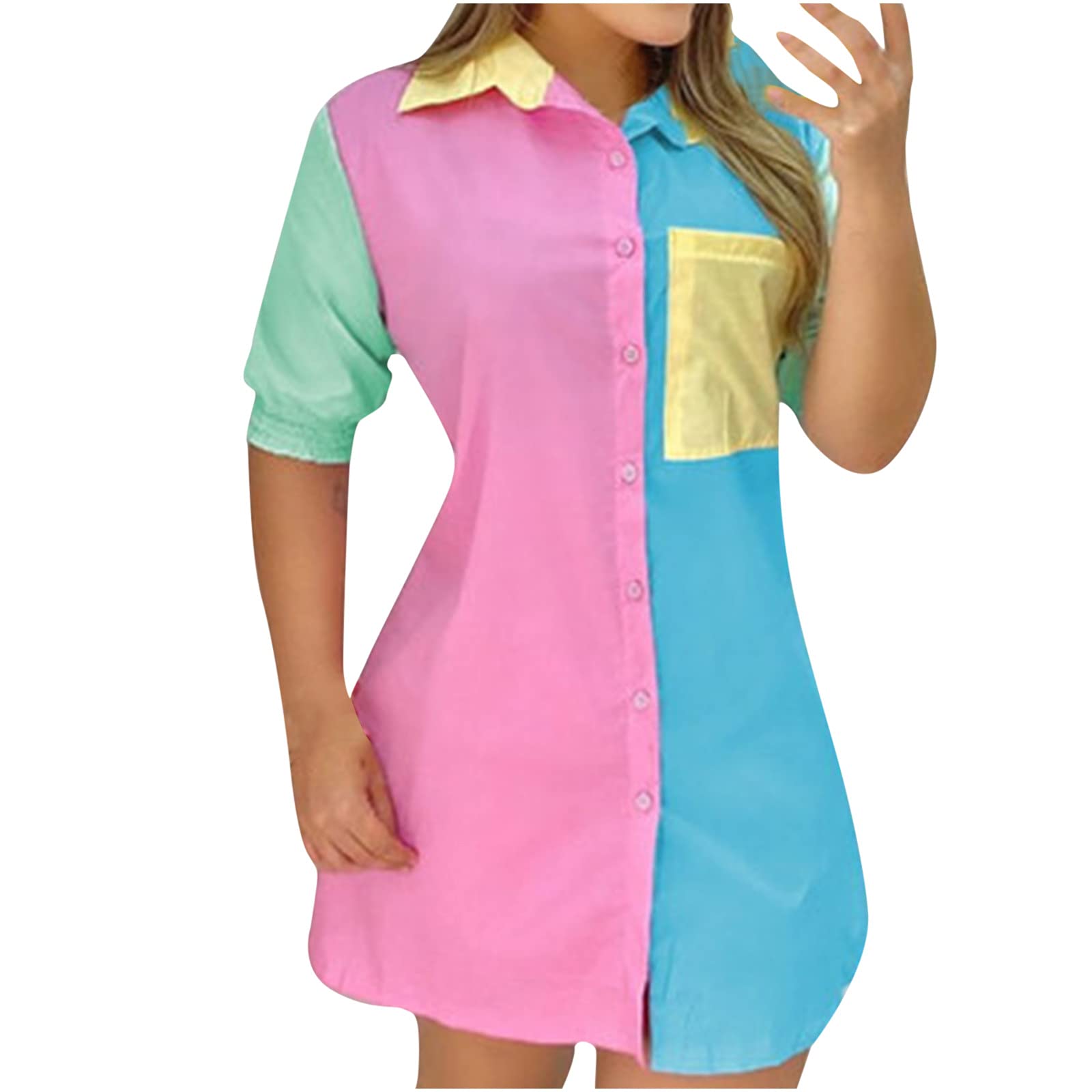 Hengyaai Women's Casual Long Sleeve V-Neck Color Block Mini Shirt Dress with Pocket - Loose Fit Button Down Sundress for Spring Summer Outfits, Beach Wear & Daily Fashion