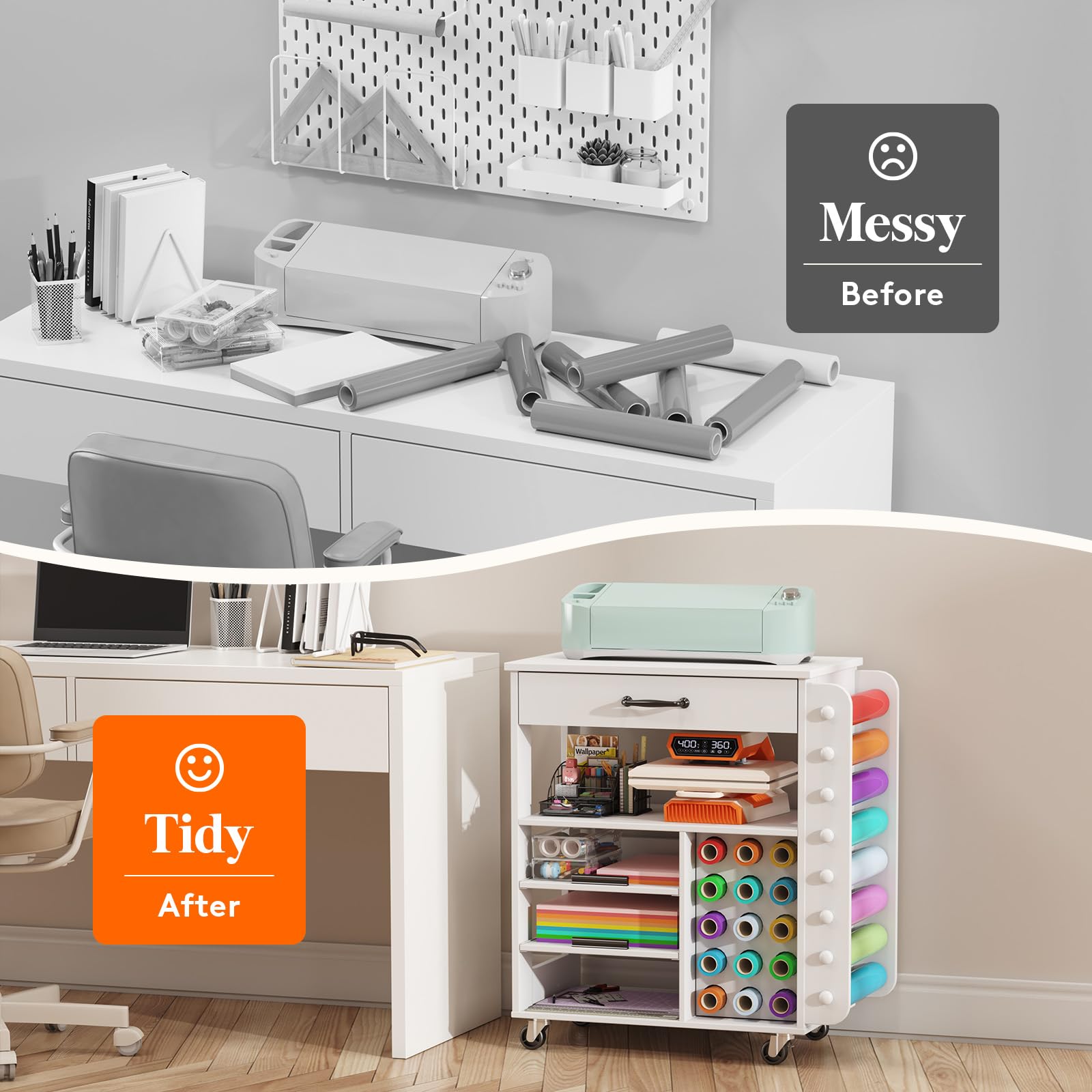 Lifewit Rolling Craft Cart with Pull-Out Tray & Drawer - 23 Vinyl Roll Holders Storage Organizer for Cricut Machines | Perfect for Craft Room, Home Office & DIY Projects | Mobile Craft Station for Scrapbooking, Vinyl Cutting & Art Supplies Organization