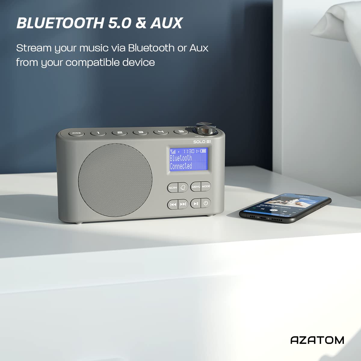 AZATOM Solo B1 Grey Portable DAB/DAB+ Digital Radio with Bluetooth - Rechargeable Battery, Dual Alarm, 80 Presets, AUX & Headphone Jack - Perfect for Home, Office, Travel & Outdoor Use
