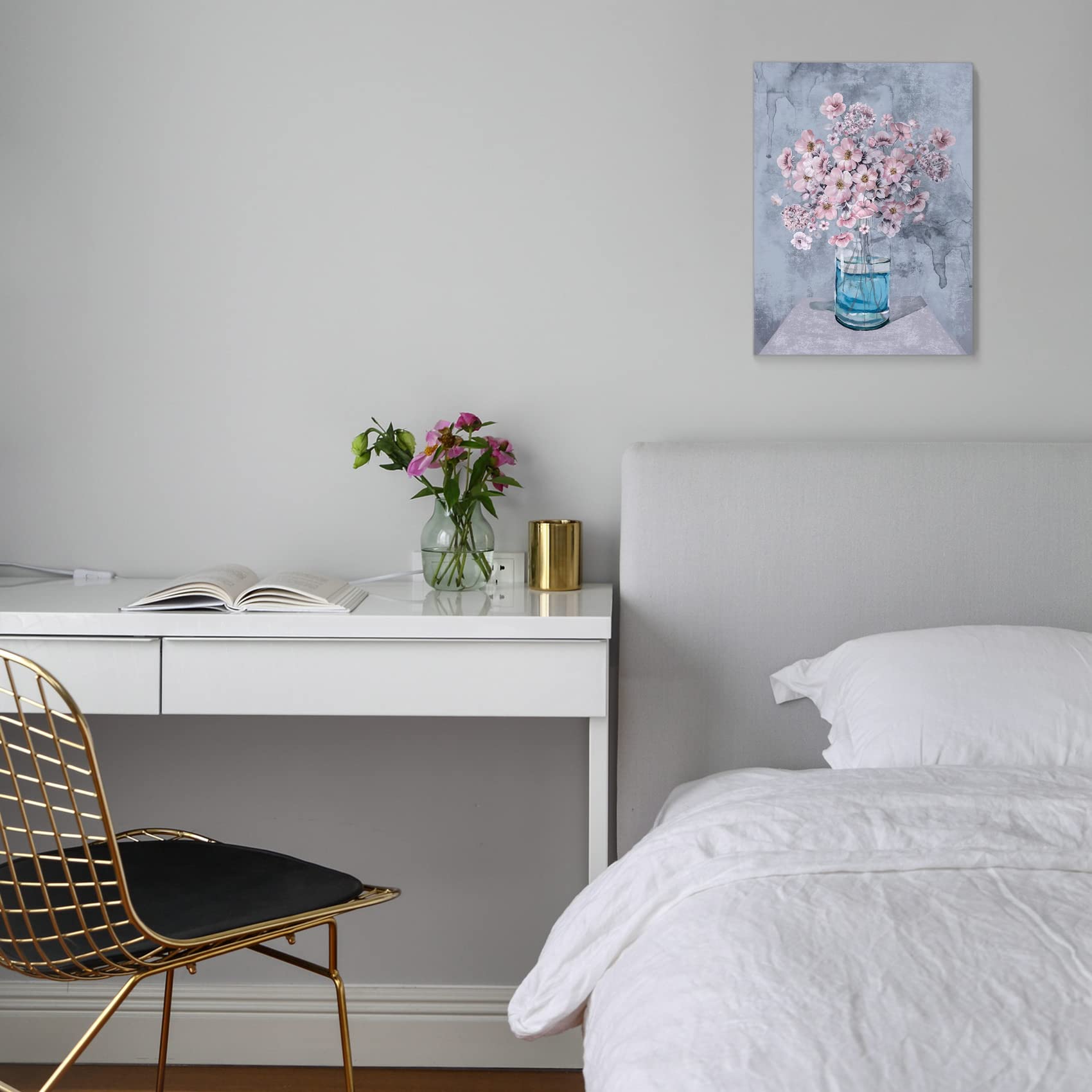 Pink Flowers Canvas Wall Art - 12x16 Framed Decor for Bedroom, Bathroom & Office