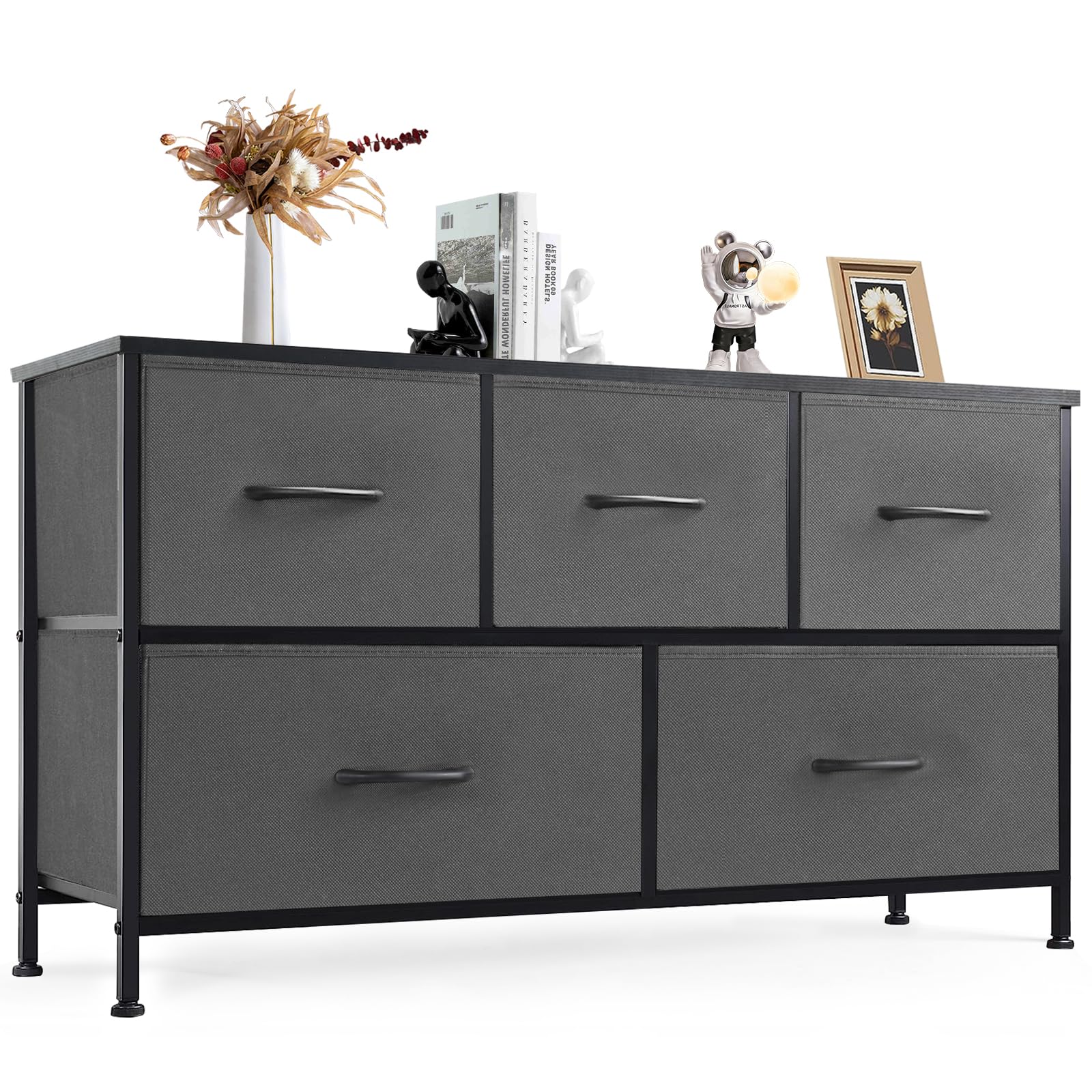 DUMOS 5-Drawer Dresser for Bedroom Storage - Wide Fabric Closet Organizer with Wooden Top & Metal Frame - Perfect for Clothes, Guest Room, Living Room, Hallway & Entryway - Ideal for Small Space Organization & Home Decor