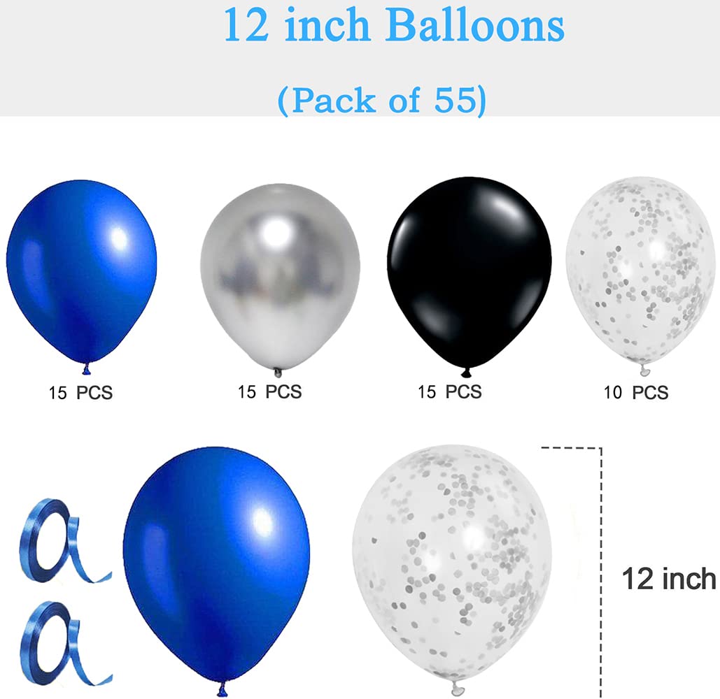 Royal Blue Black Balloons Kit - 12 Inch Blue Black Silver Balloons (55 Piece) with Navy Blue Silver Confetti - Perfect for Boy Birthday Party, Gaming Party, Baby Shower & Graduation Decorations - Great for Themed Events, Photo Backdrops and Celebration Decor
