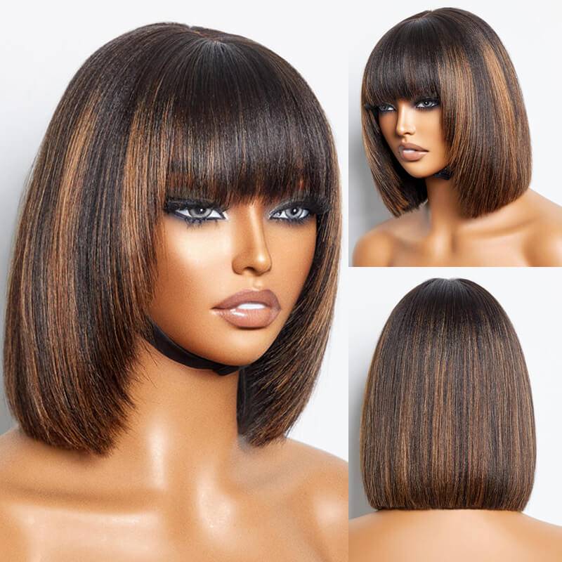 Eullair Short Bob Wig with Layered Cut Bangs - Glueless Straight Human Hair Lace Closure Wig (4x4 & 5x5) - Perfect for Cosplay, Daily Wear & Fashion Styling