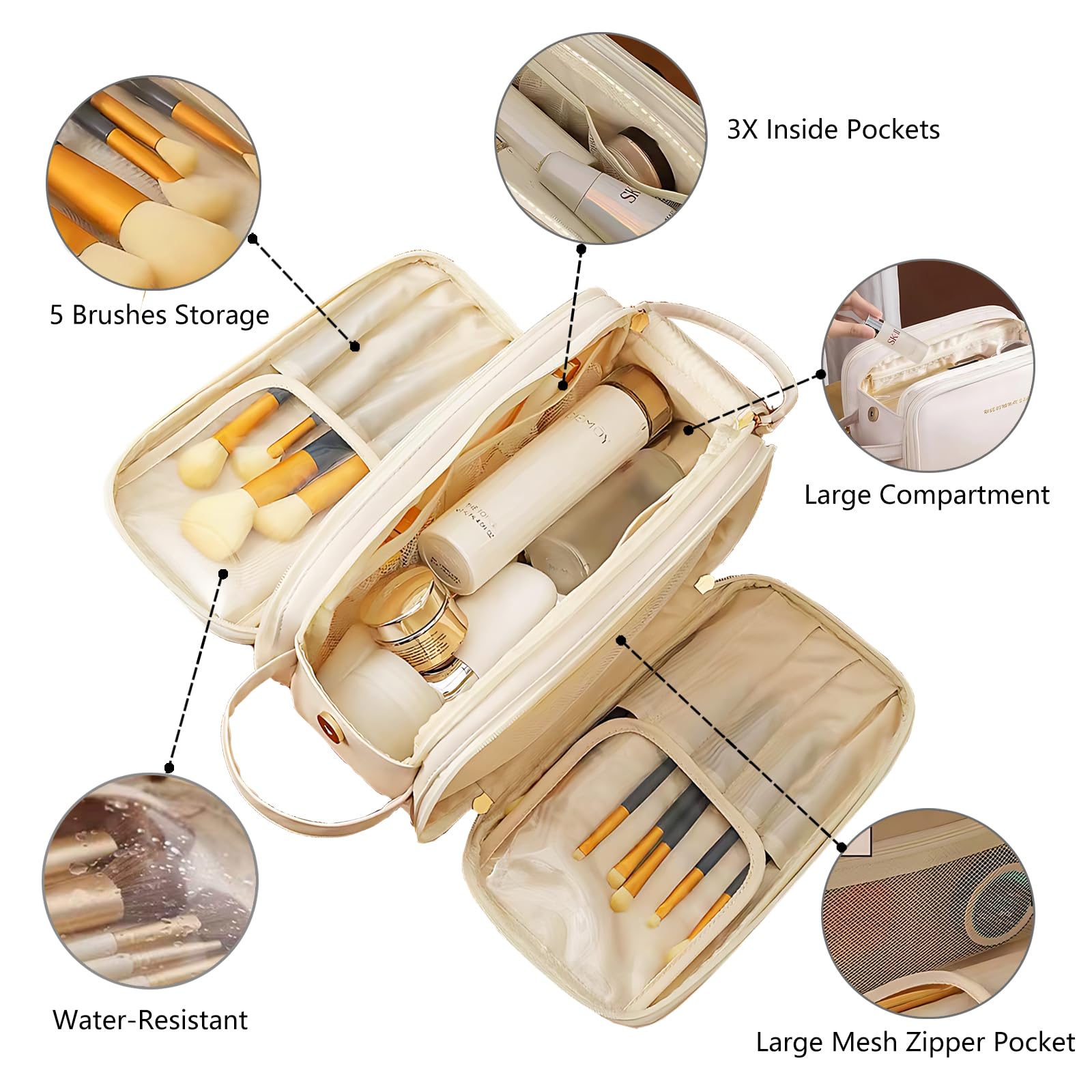 Large Capacity Waterproof PU Leather Travel Makeup Bag - Cosmetic Organizer with Multiple Compartments | Perfect for Vacation, Business Trips & Daily Beauty Essentials Storage (Beige)