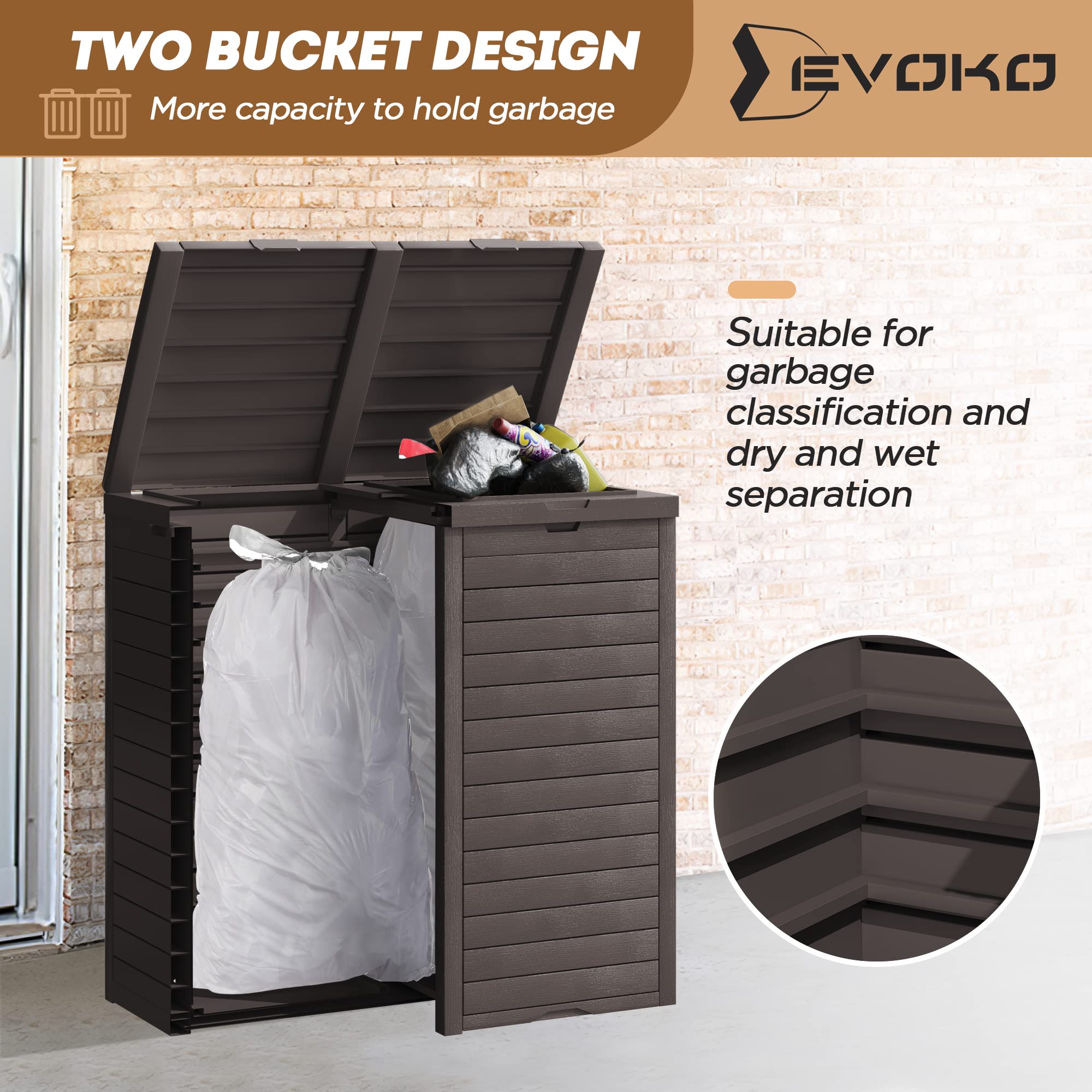 Devoko 78 Gallon Resin Outdoor Trash Can with Drip Tray & Armrest - Heavy Duty Double Waste Bin for Garage, Patio, Hideaway Kitchens - Perfect for Recycling, Yard Waste & Outdoor Gatherings