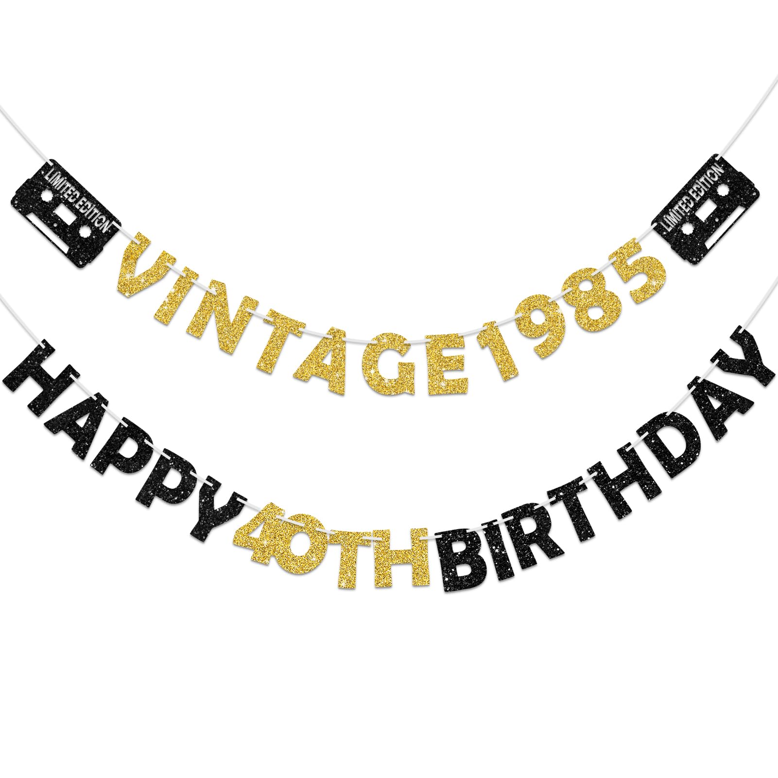 Vintage 1985 Happy 40th Birthday Banner - Pre-Strung Black Gold Glitter Party Decor for Men & Women | Cheers to 40 Years Celebration | Perfect for Birthday Parties, Milestone Events & Photo Backdrops
