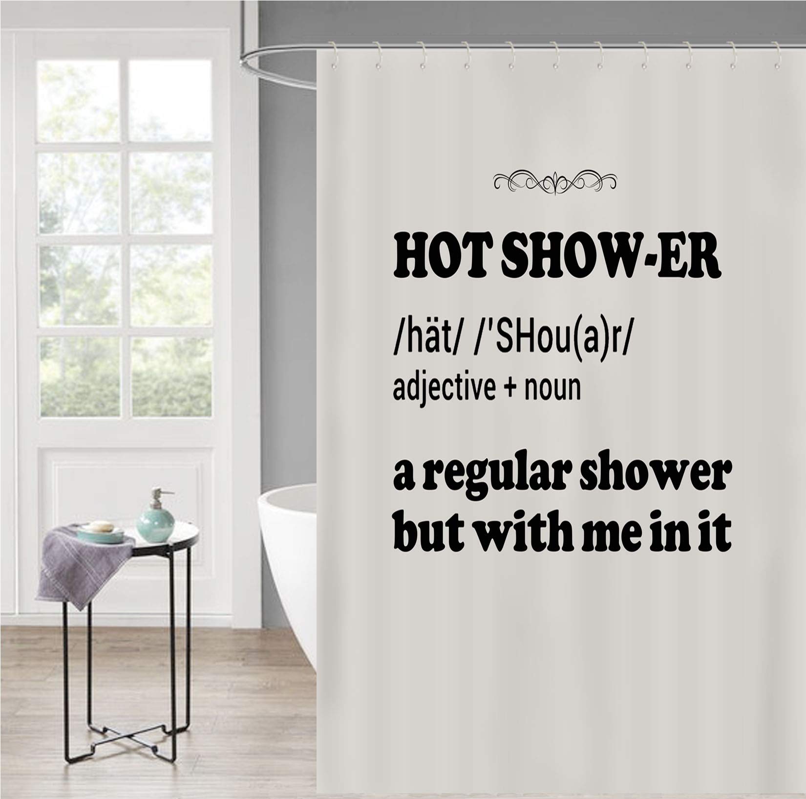 Jackey&Smith Waterproof Polyester Shower Curtain Set - 60x72 Inch Bathroom Decor with 12 Hooks - Funny 'Hot Shower Definition' Design for Bathtub & Shower - Perfect for Bathroom Makeover & Gift Giving
