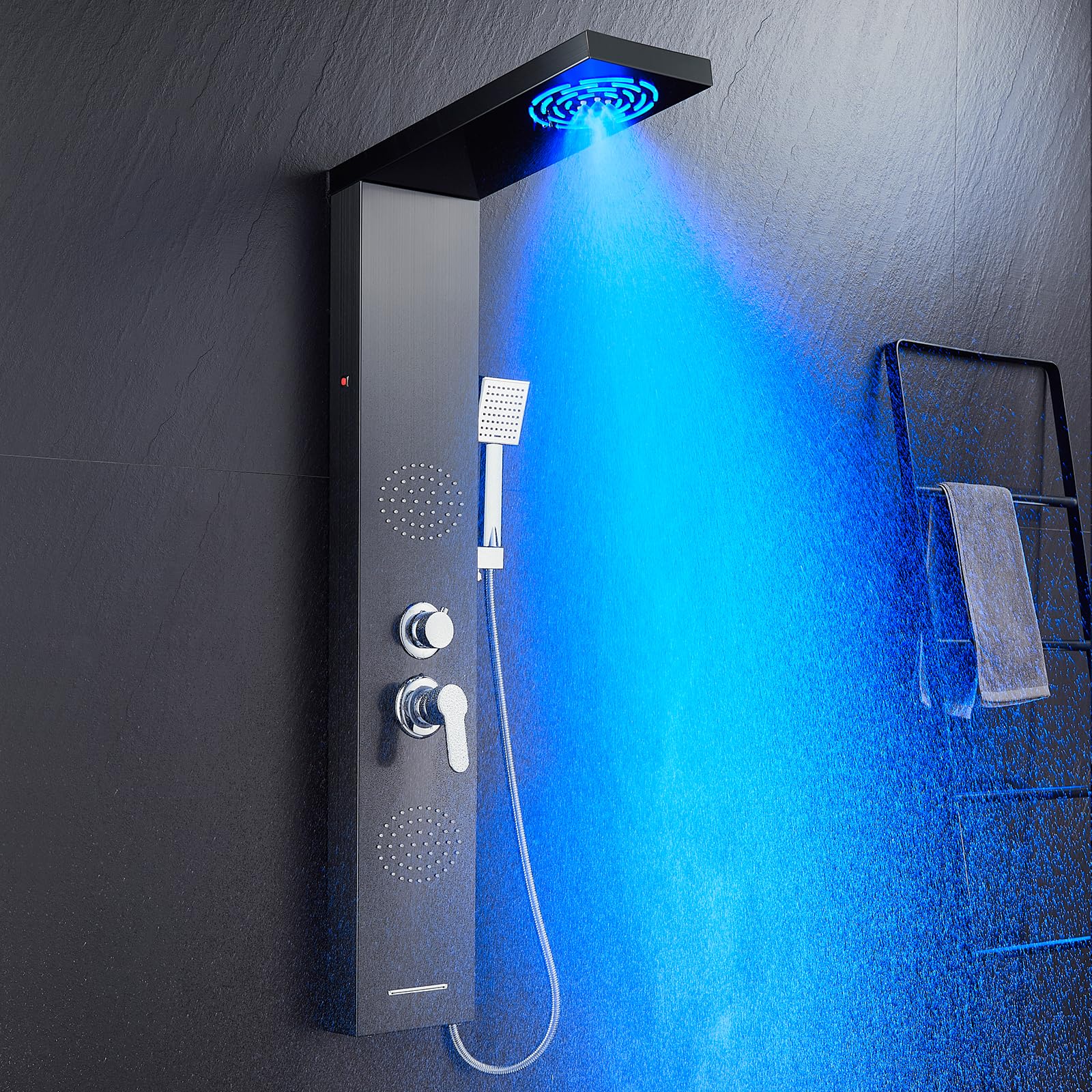 POPFLY Stainless Steel Shower Panel System with LED Mist & Rain Shower Head, 2 Full Body Massage Jets, Tub Spout - Matte Black for Modern Bathroom Upgrade | Perfect for Spa-Like Shower Experience & Luxury Bathroom Renovation