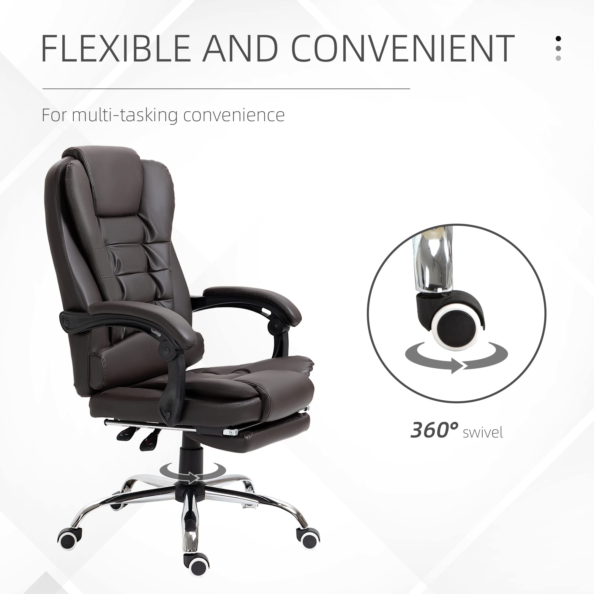 HOMCOM High Back Ergonomic Executive Office Chair - PU Leather Computer Desk Chair with Adjustable Lumbar Support, Retractable Footrest, Padded Headrest & Armrests (Coffee Brown) for Home Office, Gaming & Workspace Comfort