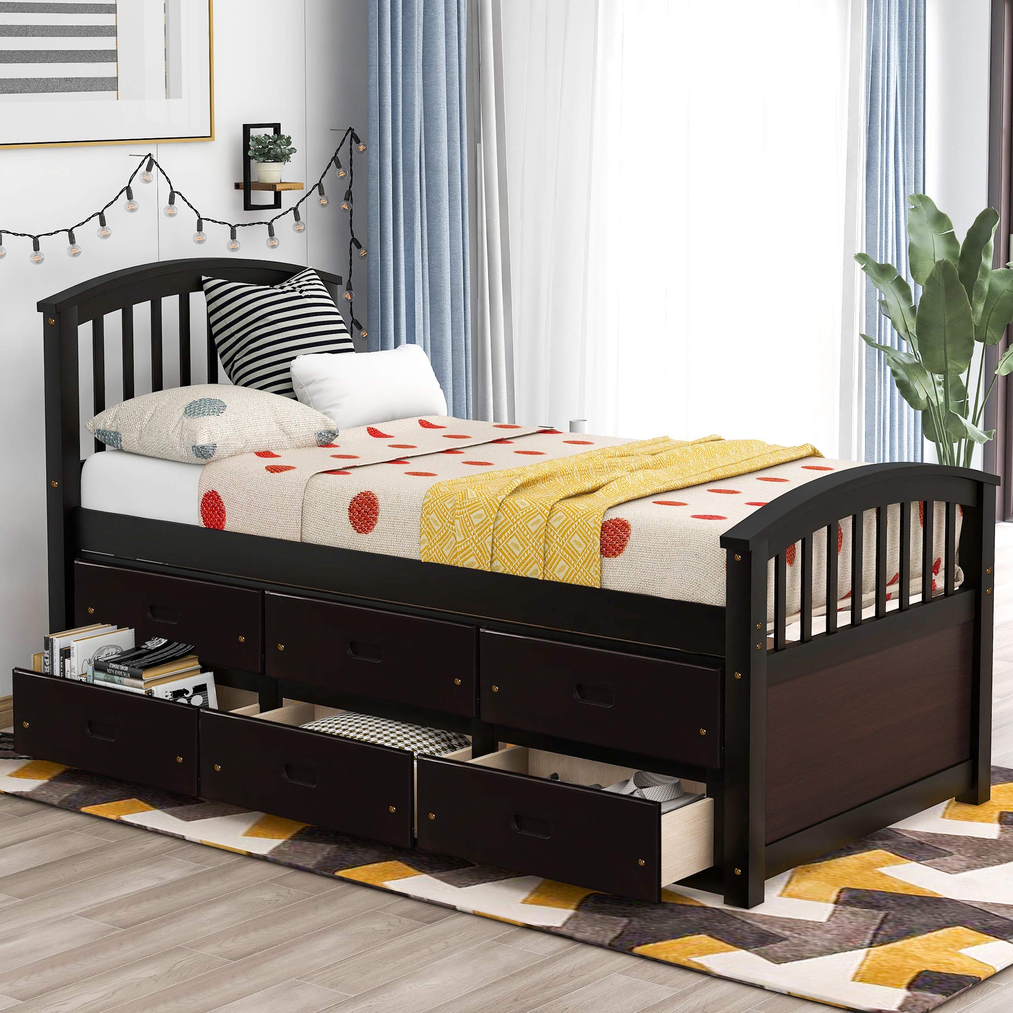 P PURLOVE Twin Size Wooden Platform Storage Bed with 6 Drawers - Espresso Finish Captains Bed for Small Bedrooms, Dorm Rooms & Guest Rooms | Space-Saving Bedroom Furniture with Underbed Storage