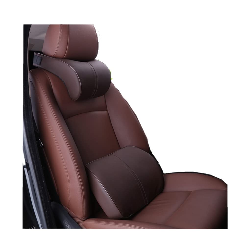 Ergonomic Car Seat Lumbar Support Pillow & Neck Pillow Set - Soft Leather Surface with High-Density Memory Foam for Comfort & Pain Relief - Perfect for Long Drives, Road Trips & Commuting (Brown)