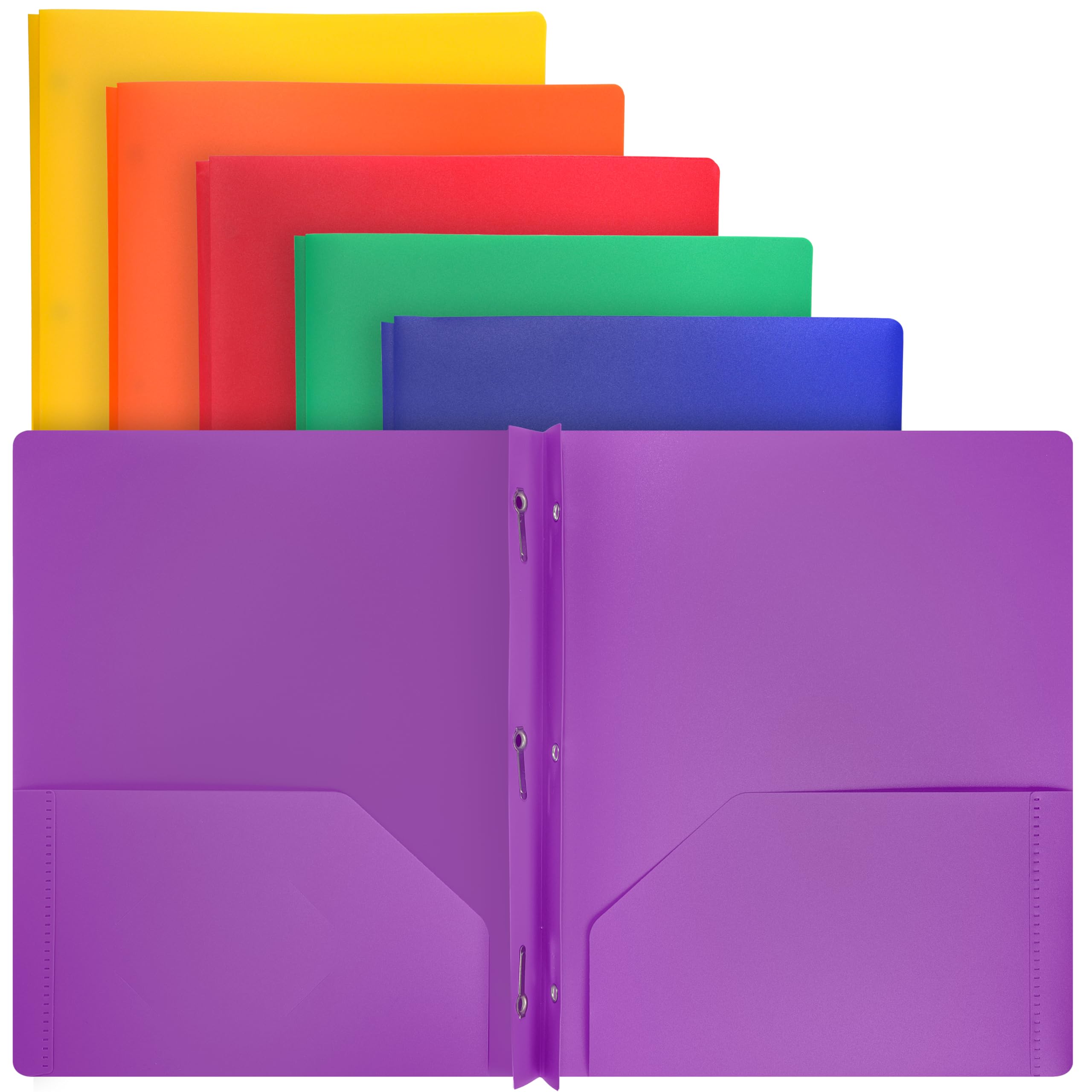 Enday 6-Pack Plastic Folders with Pockets & Prongs - 2-Pocket Folders with Brads for Letter Size Sheets (Purple, Blue, Green, Yellow, Orange, Black) - Perfect for School, Office & Document Organization