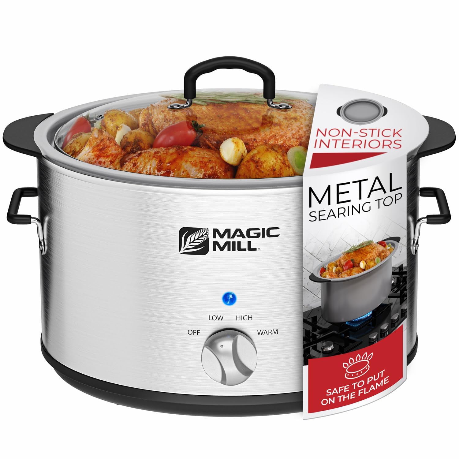 Magic Mill 10 Quart Slow Cooker - Extra Large Non-Stick Metal Searing Pot with Tempered Glass Lid, Lightweight & Multipurpose, Stovetop & Dishwasher Safe - Perfect for Family Dinners, Meal Prep & Entertaining
