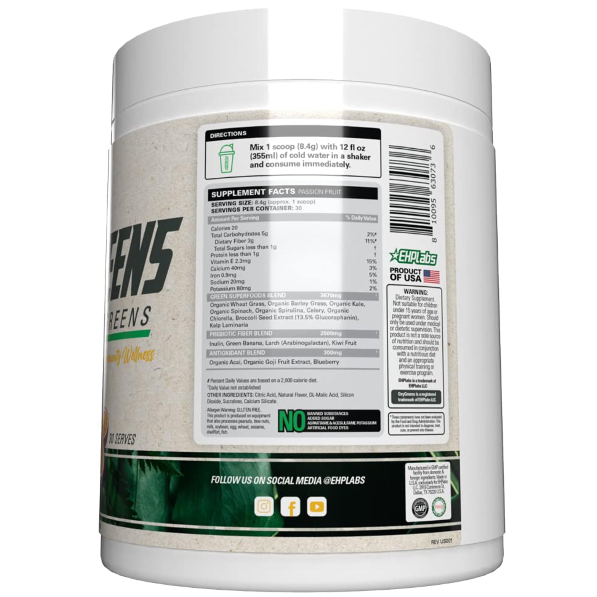 EHP Labs OxyGreens Super Greens Powder with Spirulina & Chlorella - Organic Superfood Supplement for Immunity, Digestion & Energy | Antioxidant-Rich Green Juice Powder with Prebiotic Fiber | 30 Servings (Passionfruit Flavor) | Perfect for Smoothies, Shakes & Daily Wellness Routine